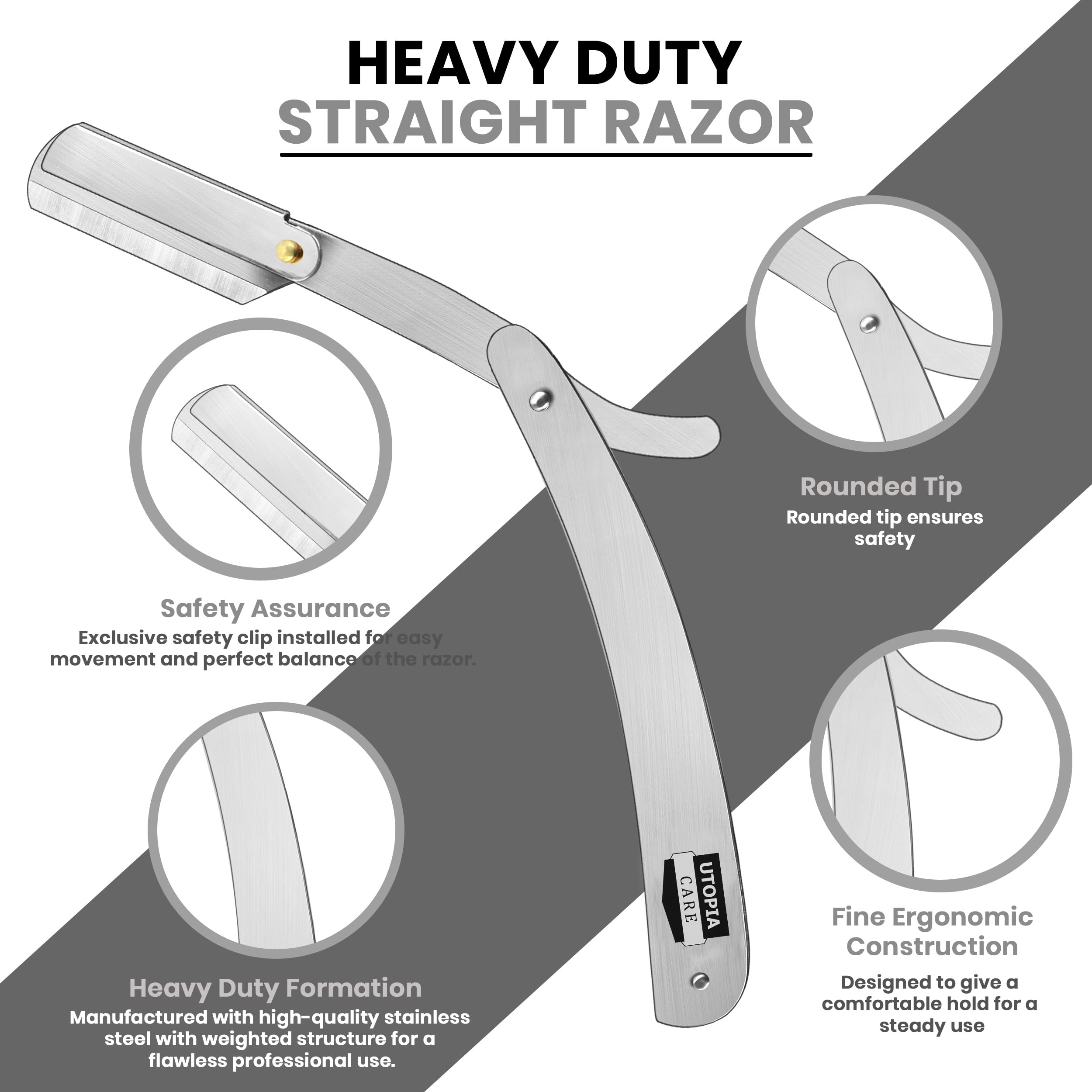 Utopia Care Professional Barber Straight Edge Razor Safety With 100-Pack Derby Blades - 100 Percent Stainless Steel (Silver)