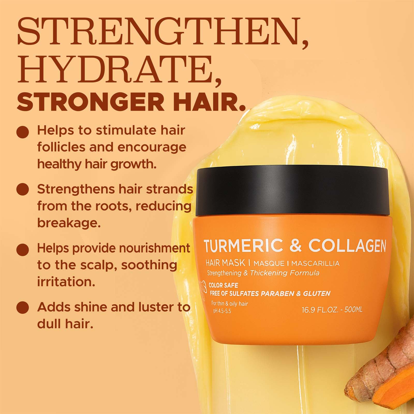 Luseta Turmeric & Collagen Hair Mask Thickening Hair Treatment For Thin And Oily Hair, Nourish Scalp, Frizz Control & Add Shine,