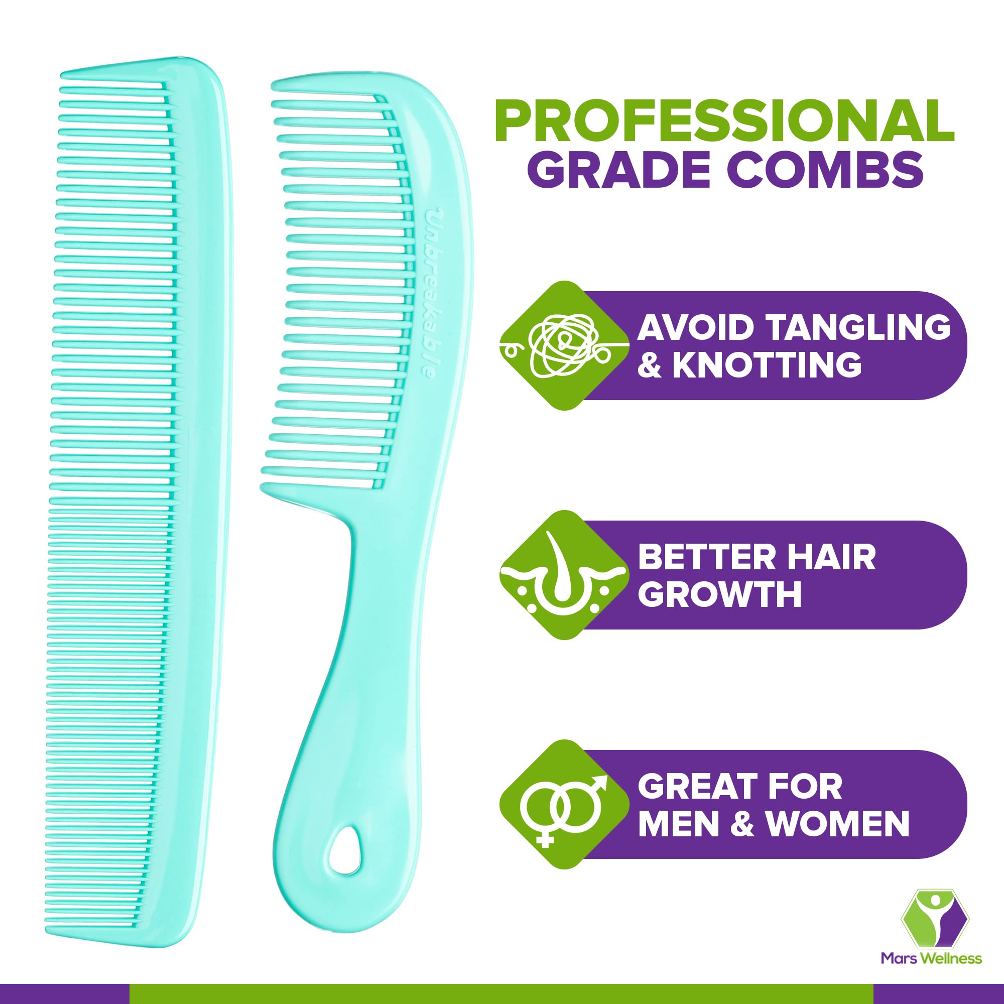 Mars Wellness 4 Piece Professional Comb Set Green - Usa Made - Fine Pro Tail Combs, Dresser Hair Comb Styling Comb - Premium Gra