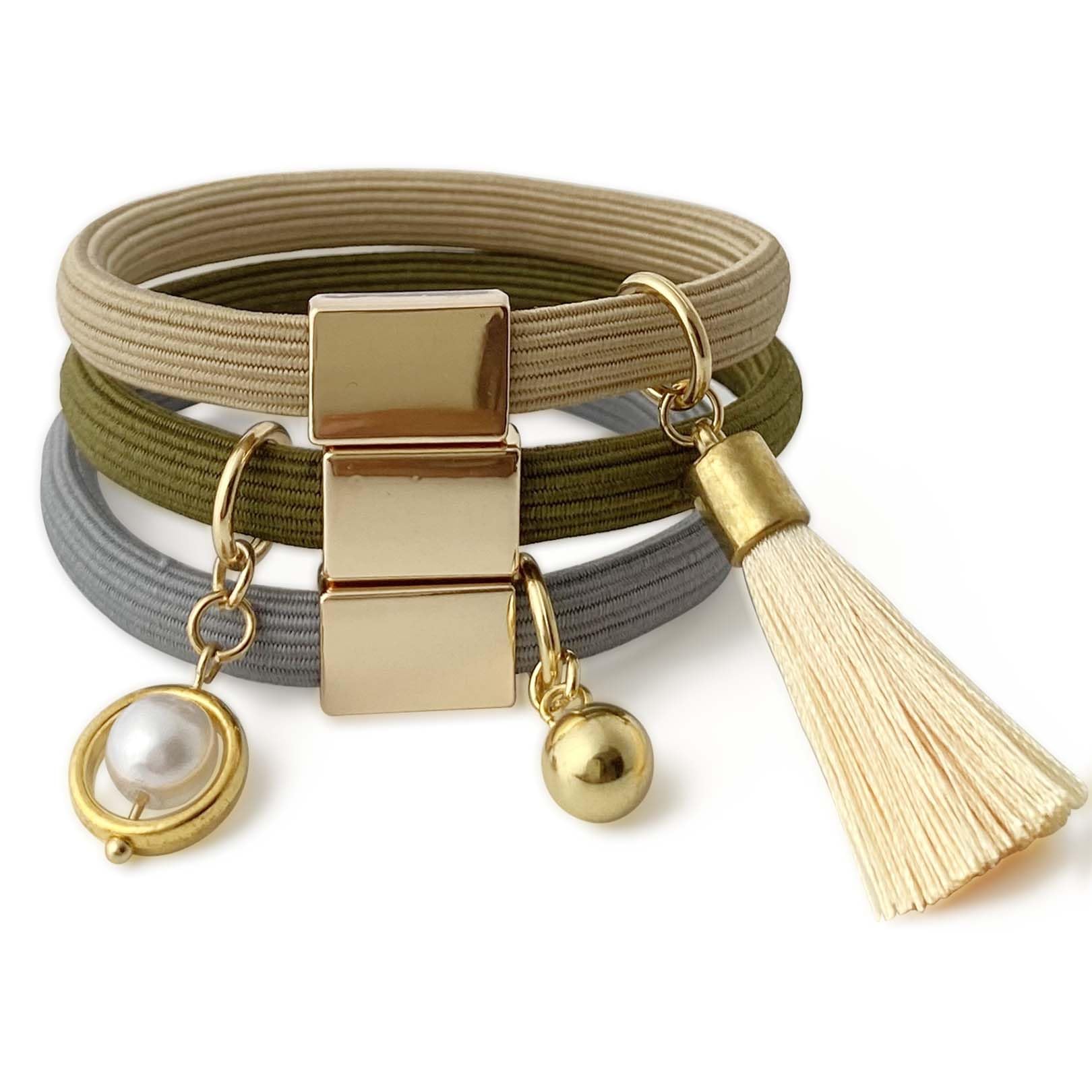 Hair Tie Bracelets for women Thick Curly Hair, 8mm Thick Ponytail Holders Hair Ties with Gold Charm Cute Elastic Hair Bands for 