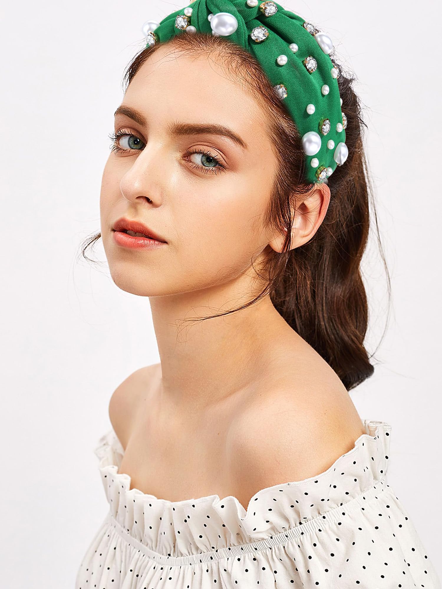 Glbcc Pearl Knotted Headband For Women White Pearl Rhinestone Crystal Jeweled Embellished Hairband Fashion Elegant Ladies Wide T