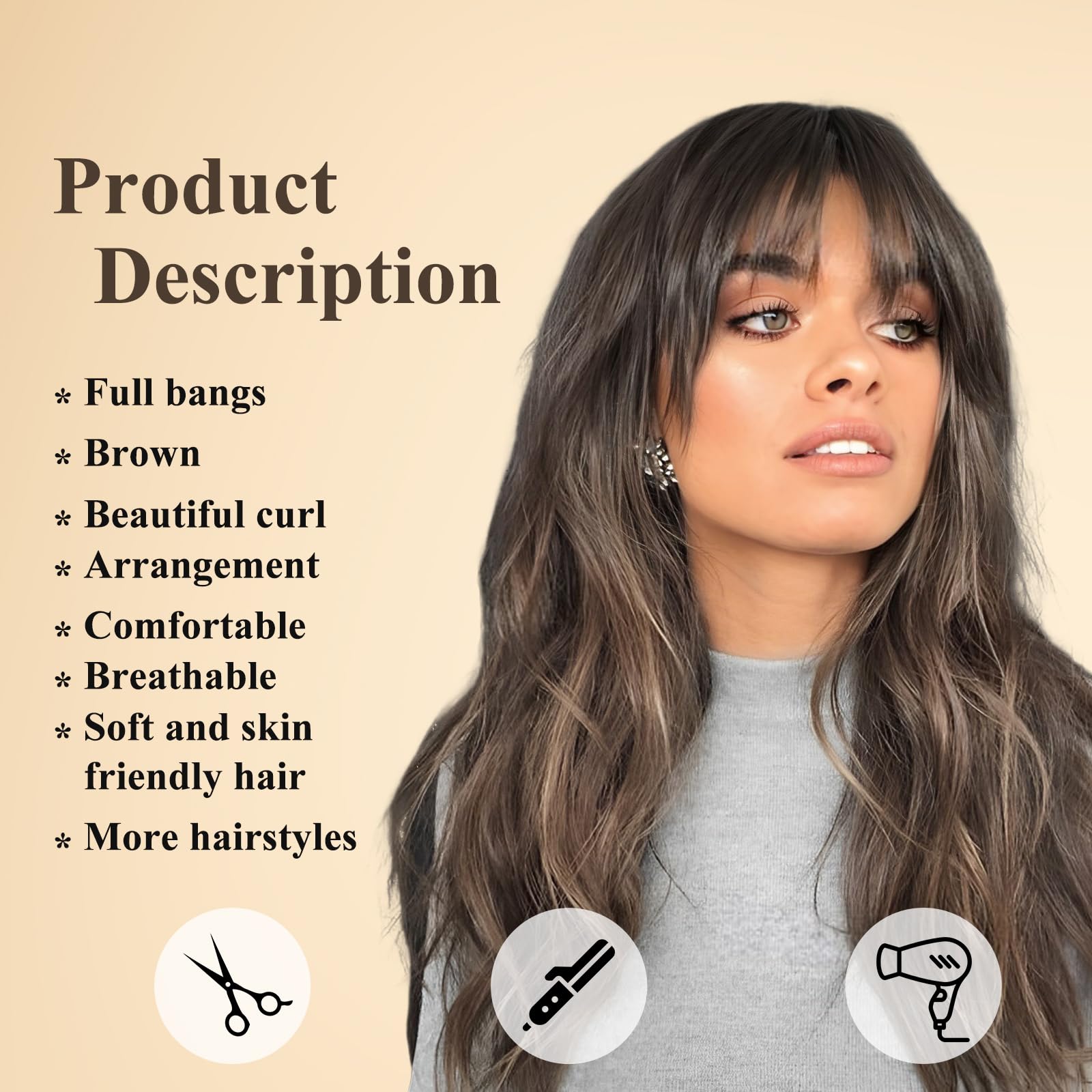 Haircube Ombre Brown Curly Wigs With Bangs,Brown Highlight Curly Wigs For Women Heat Resistant Synthetic Wigs Fashion Women Brow
