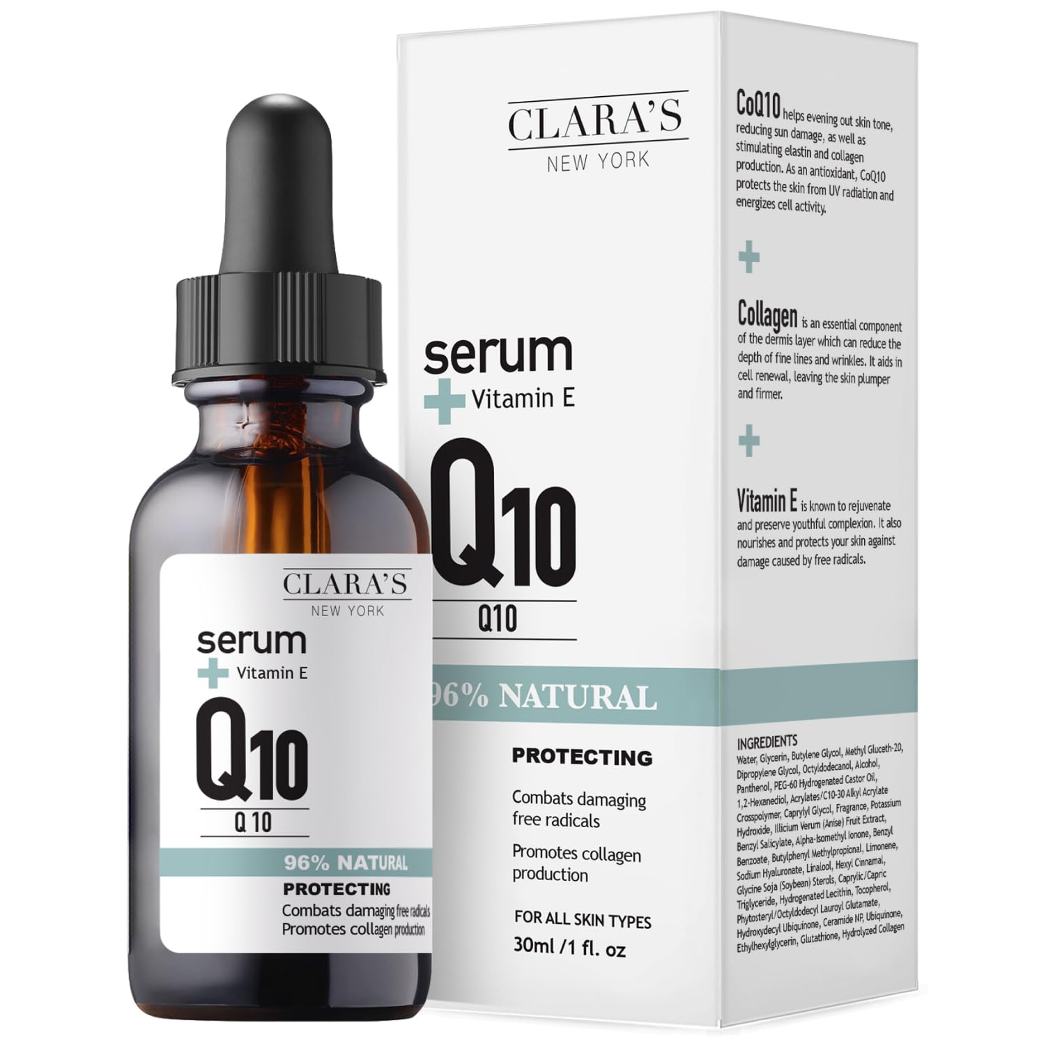 Clara's NEW YORK | Q10 Antioxidant Serum | with Hydrolyzed Collagen, Ceramide NP, Vitmain E | Anti-aging Protecting Repairing Sk