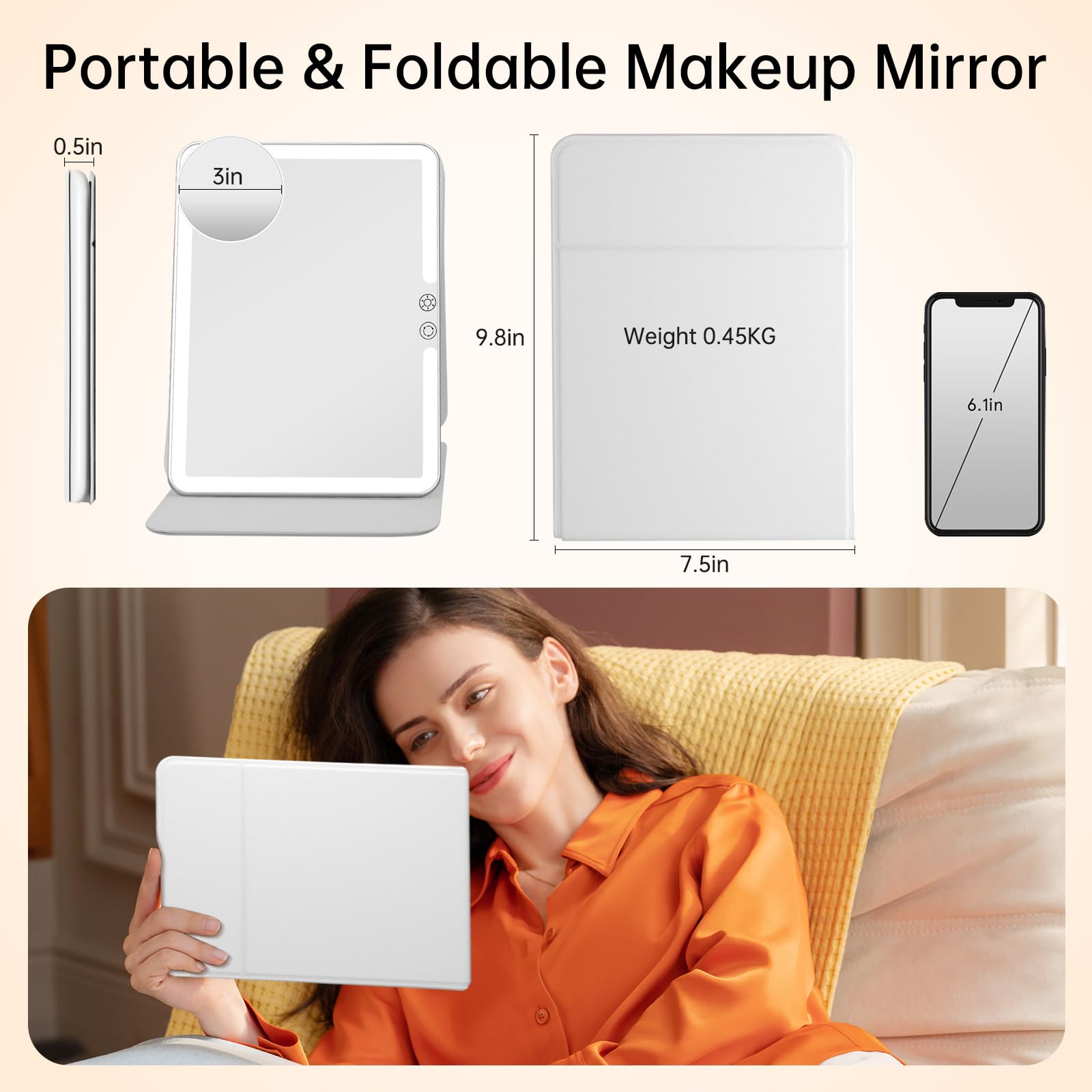 Funtouch 2500Mah Large Rechargeable Travel Makeup Mirror With Light, Portable Makeup Mirror With 10X Magnifying Mirror, 3 Lighti