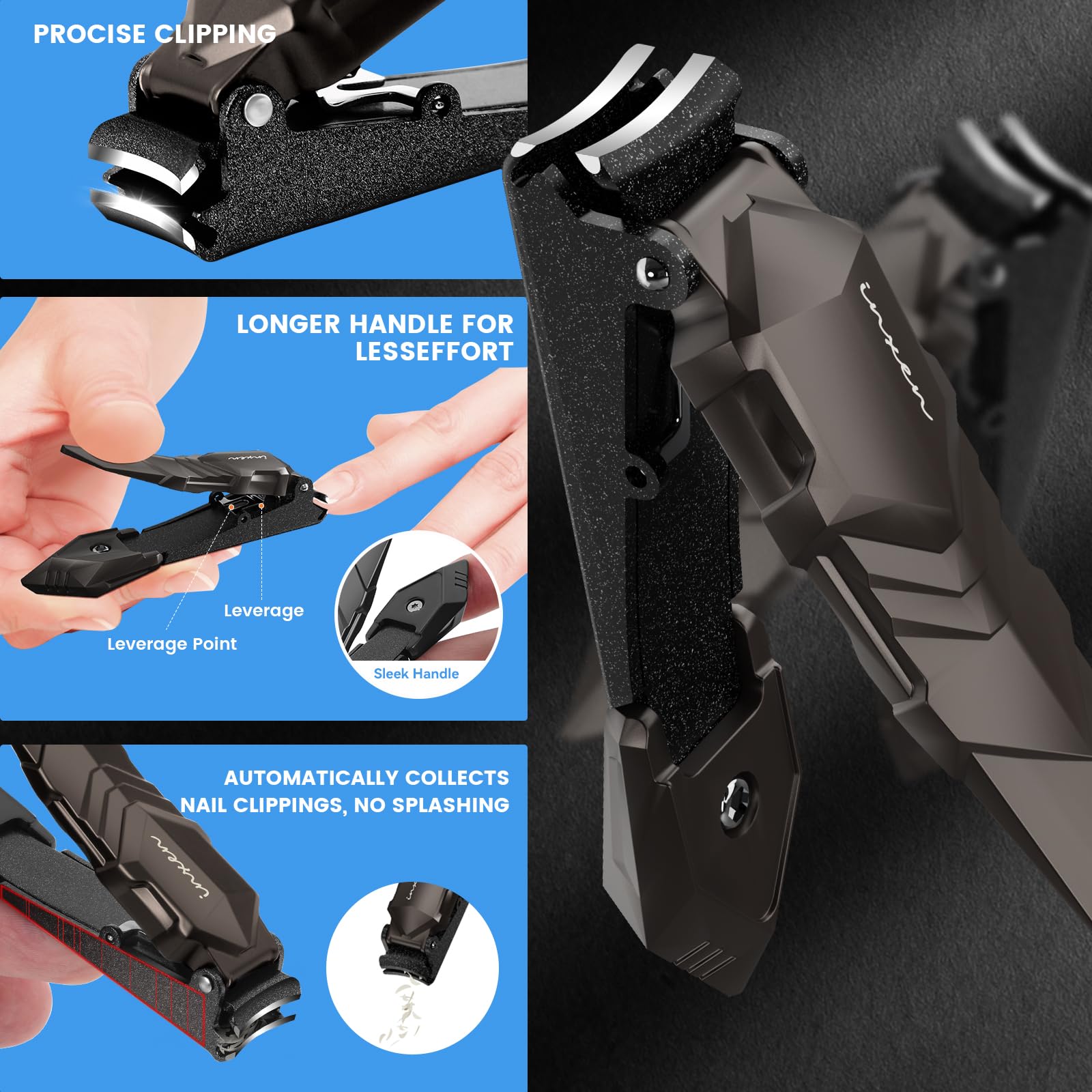 Inxen Nail Clippers For Men With Catcher, Sharp Heavy Duty No Splash Self-Collecting Nail Clippers, Stainless Steel Nail Clipper