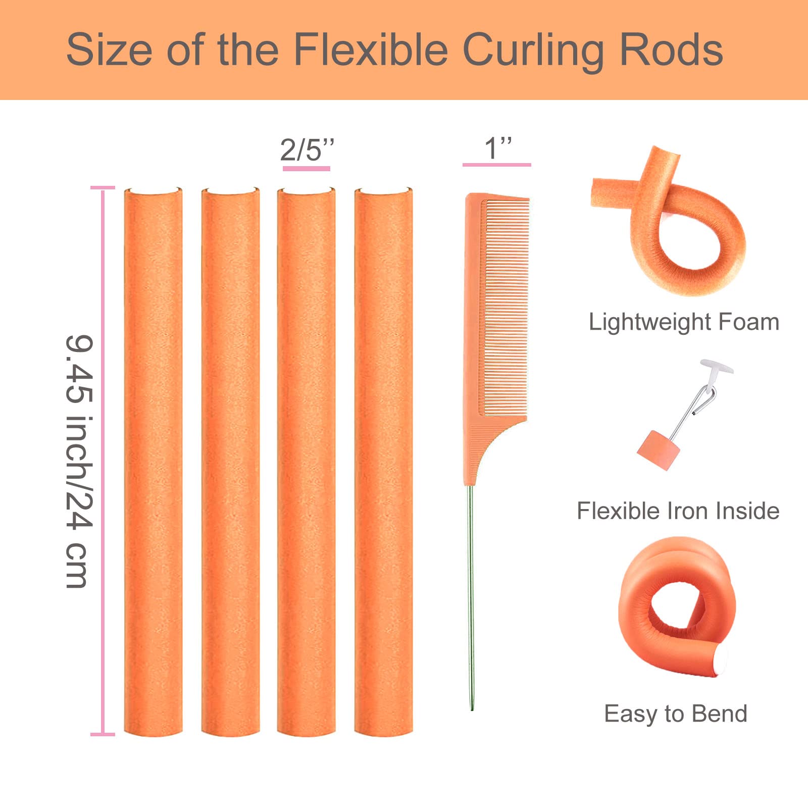 Flexible Hair Curlers, 38 Pcs 9.45'' Soft Foam Twist Rods For Long Hair, No Heat Overnight Curls & 2 Steel Pintail Combs
