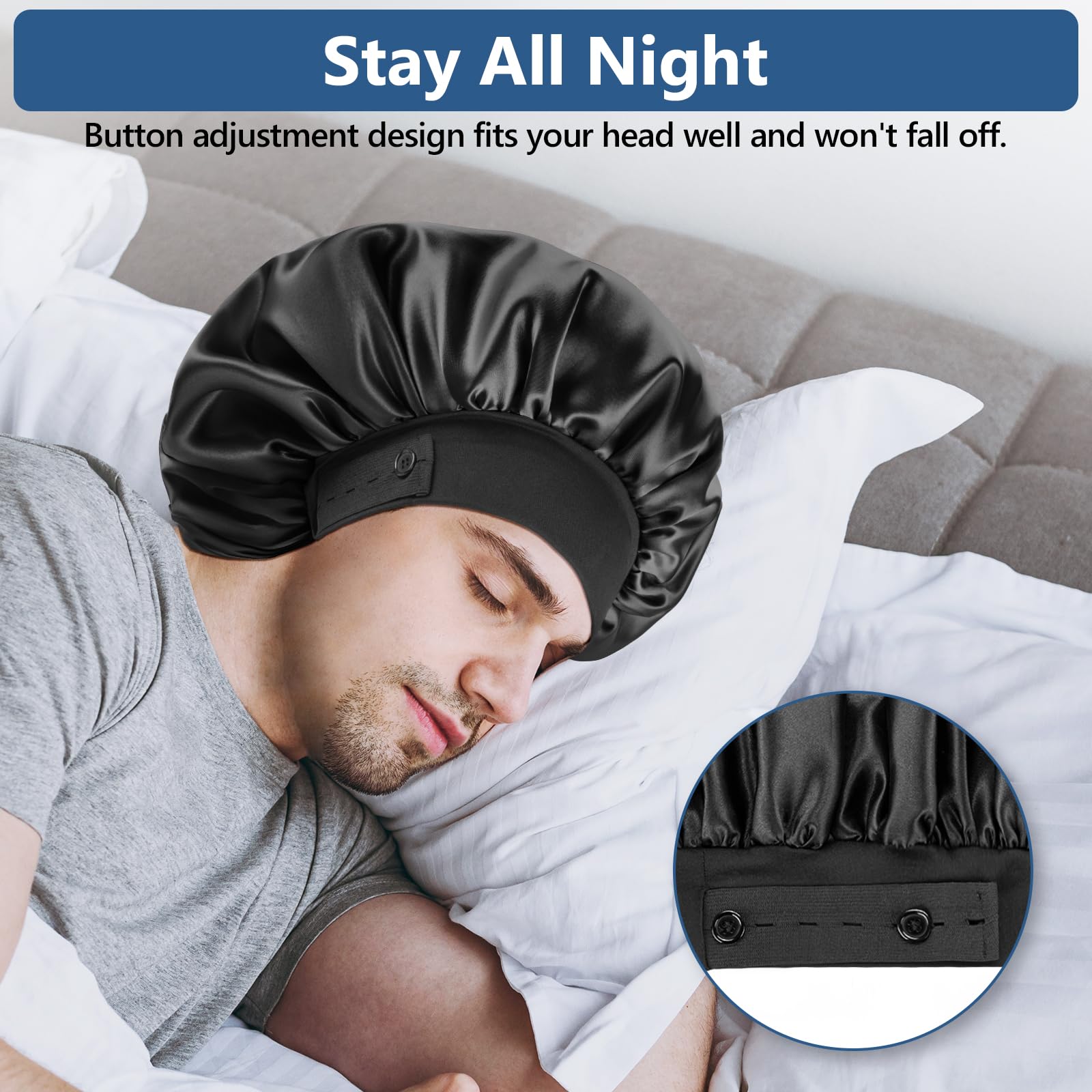 Silk Bonnets For Men, Satin Bonnet For Sleeping, Adjustable Hem & Double Layer, Large Sleep Bonnet For Curly Hair Braids Stay On