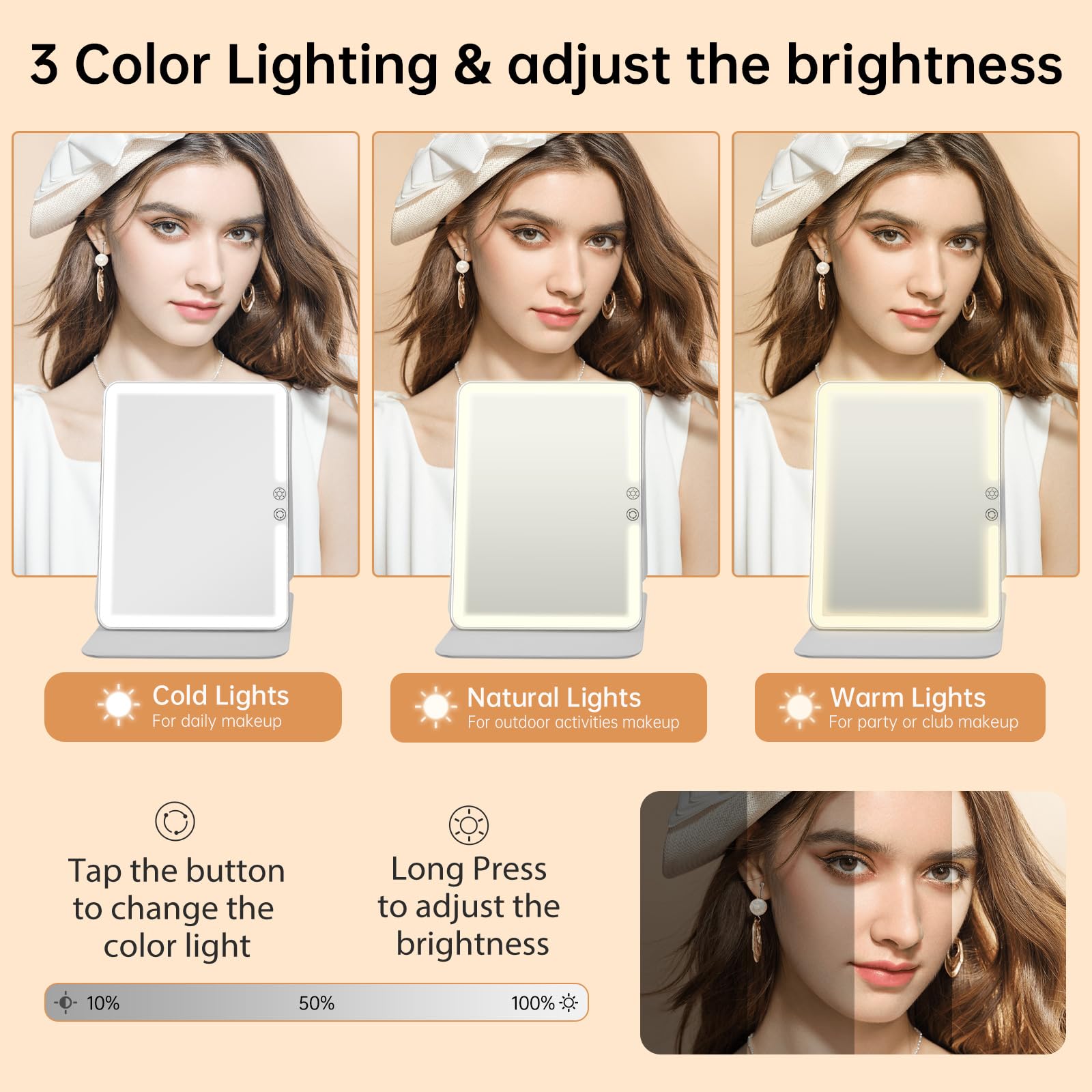 Funtouch 2500Mah Large Rechargeable Travel Makeup Mirror With Light, Portable Makeup Mirror With 10X Magnifying Mirror, 3 Lighti