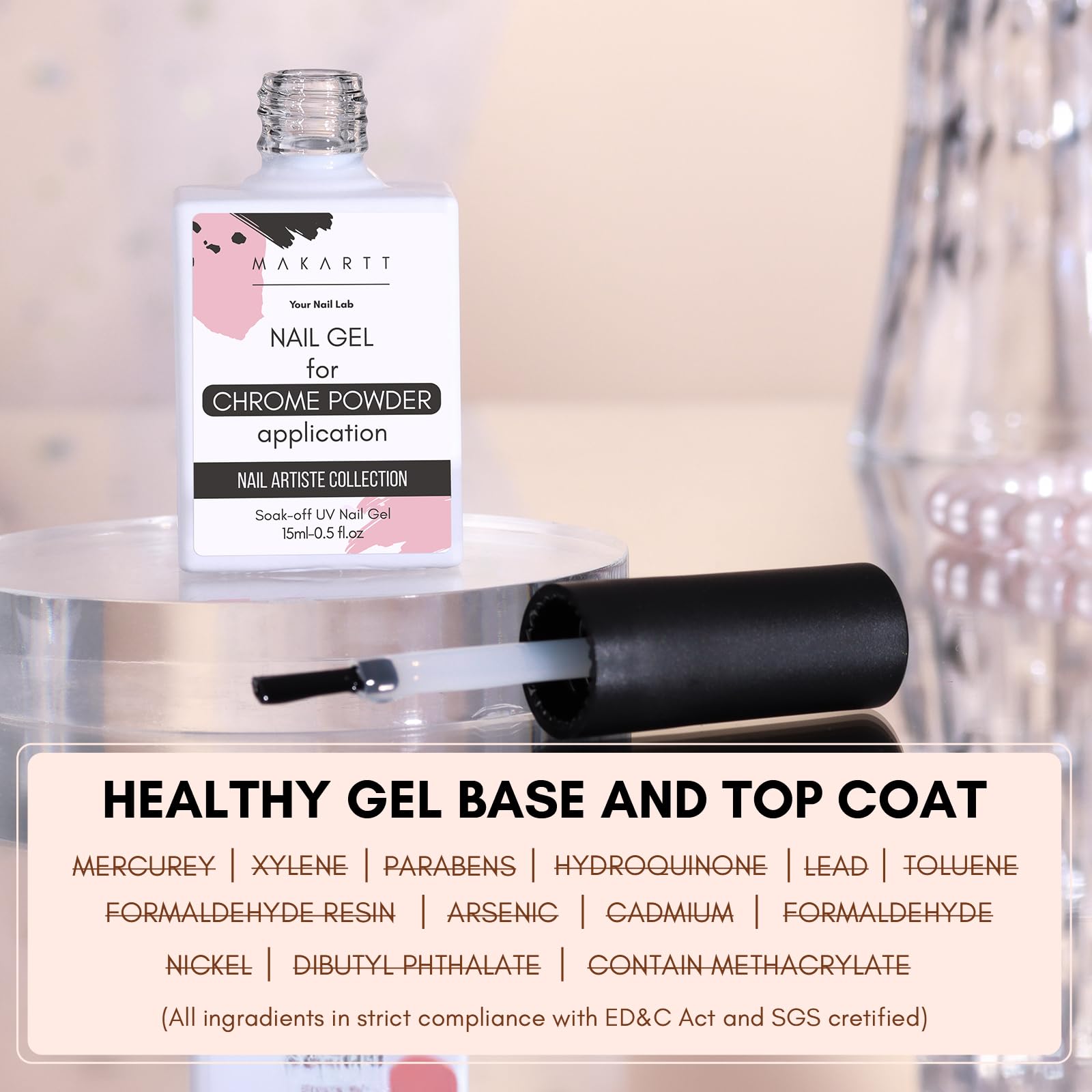 Makartt Gel Top Coat For Chrome Nail Powder - 15Ml No Wipe High Gloss Top Coat Gel Nail Polish Mirror Shine Nail Gel Long Lastin