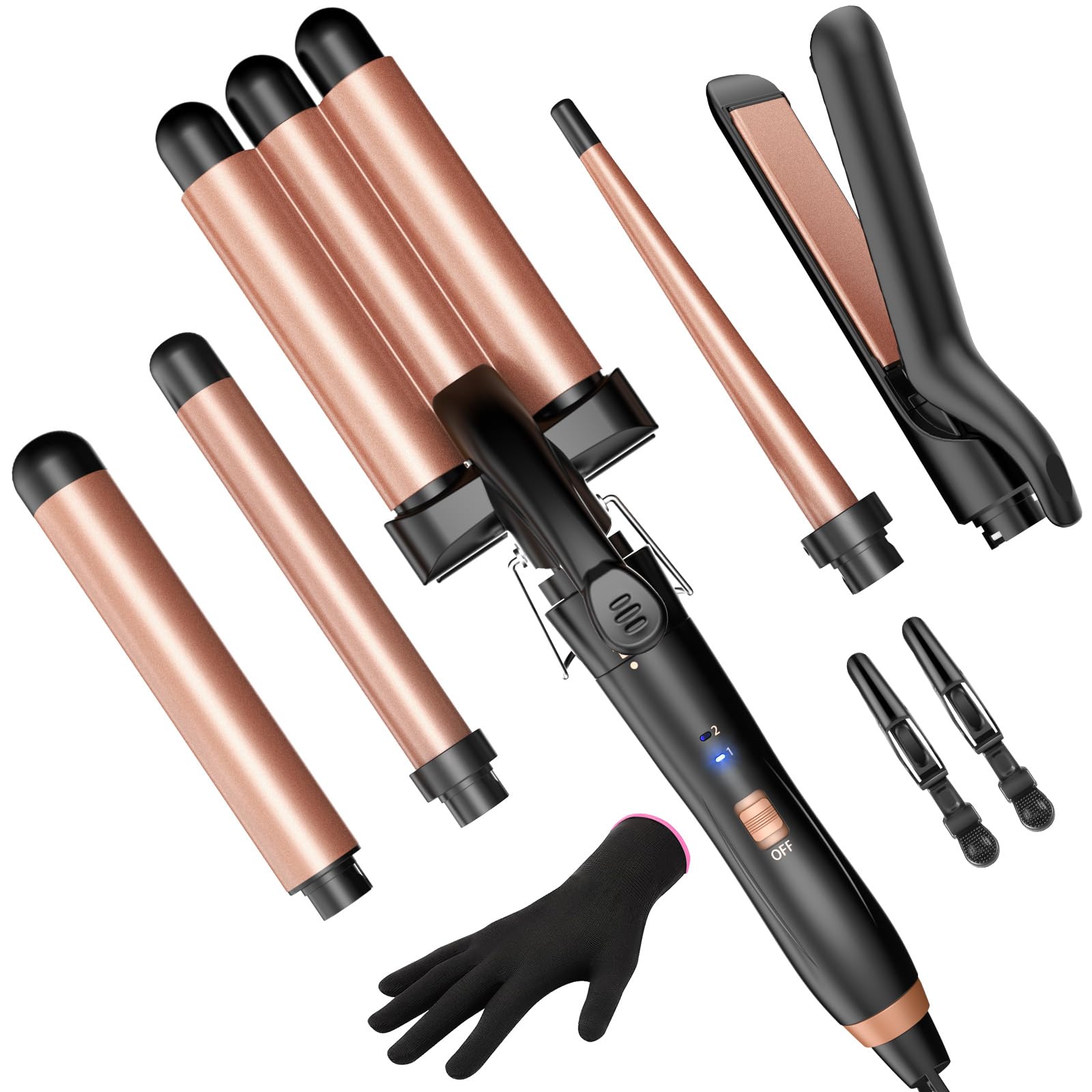5 in 1 Wand Curling Iron-Kinked Curling Wand Set with Flat Iron Hair Straightener, 3 Barrels Hair Crimper, 3 Ceramic Curling Iro