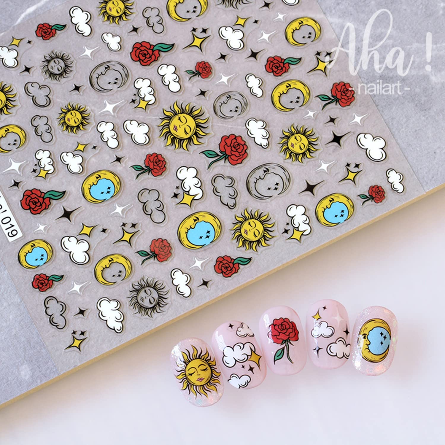 Hand Draw Style Abstract Different Sky Nail Art Stickers Decals Sun Moon Star Cloud Rose Nail Art Sticker 3D Self Adhesive Diy D