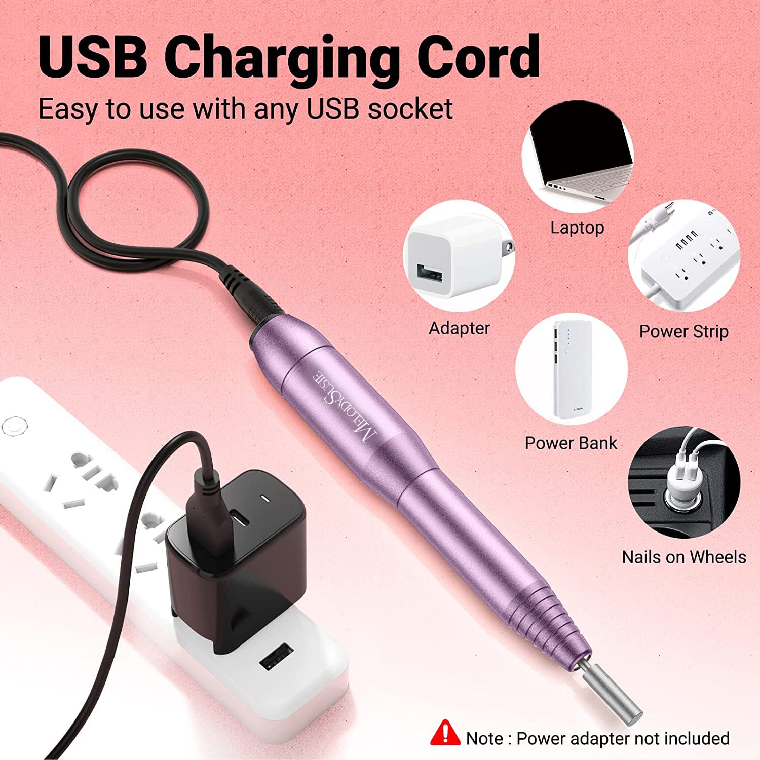 MelodySusie 11-in-1 Electric Nail Drill Kit - Portable Efile Set for Acrylic & Gel Nails, Purple Manicure & Pedicure Tool with Bits & Brush