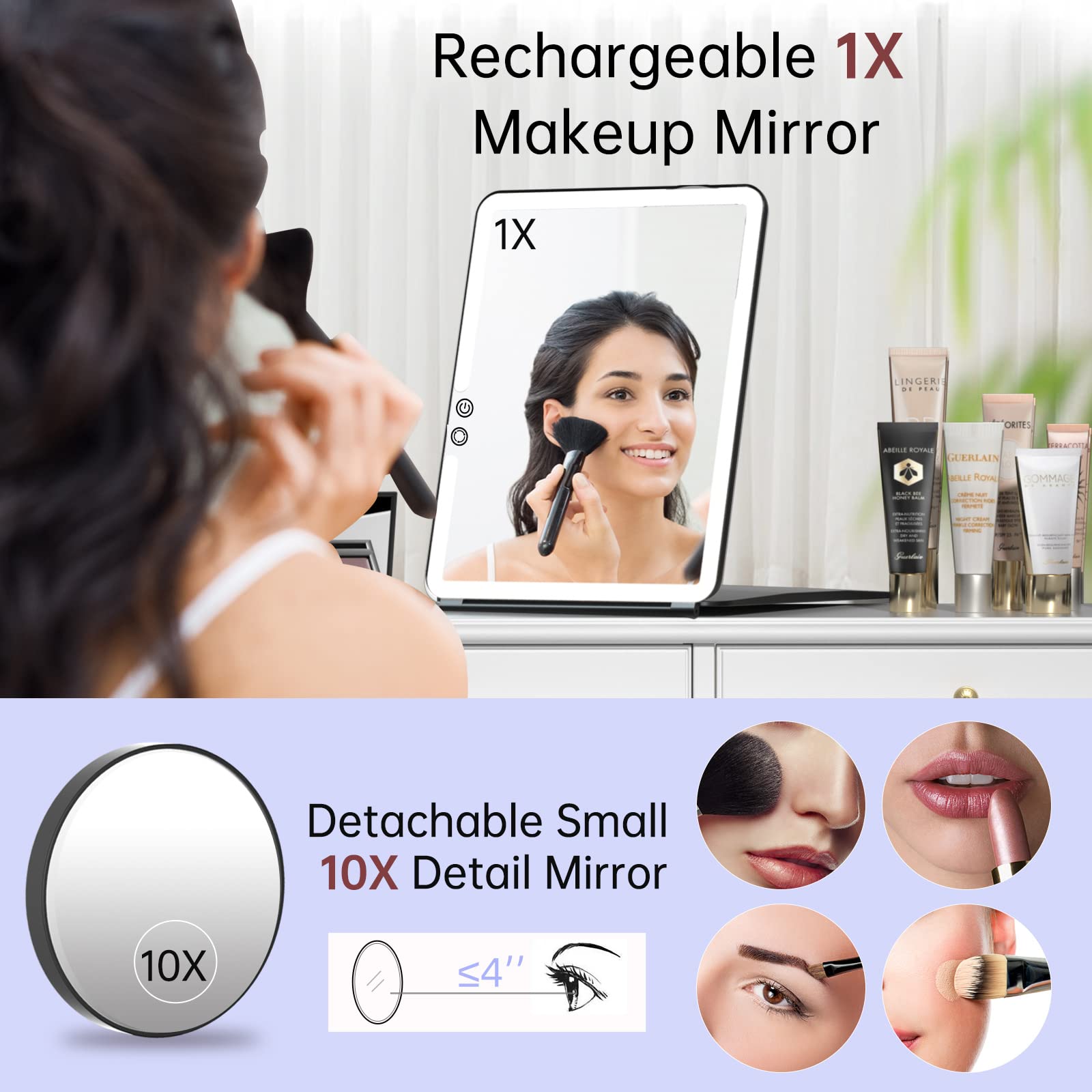 Funtouch 10X7.5 Inch Portable Large Travel Makeup Mirror With Lights, 1800Mah Rechargeable Lighted Makeup Mirror With 10X Magnif