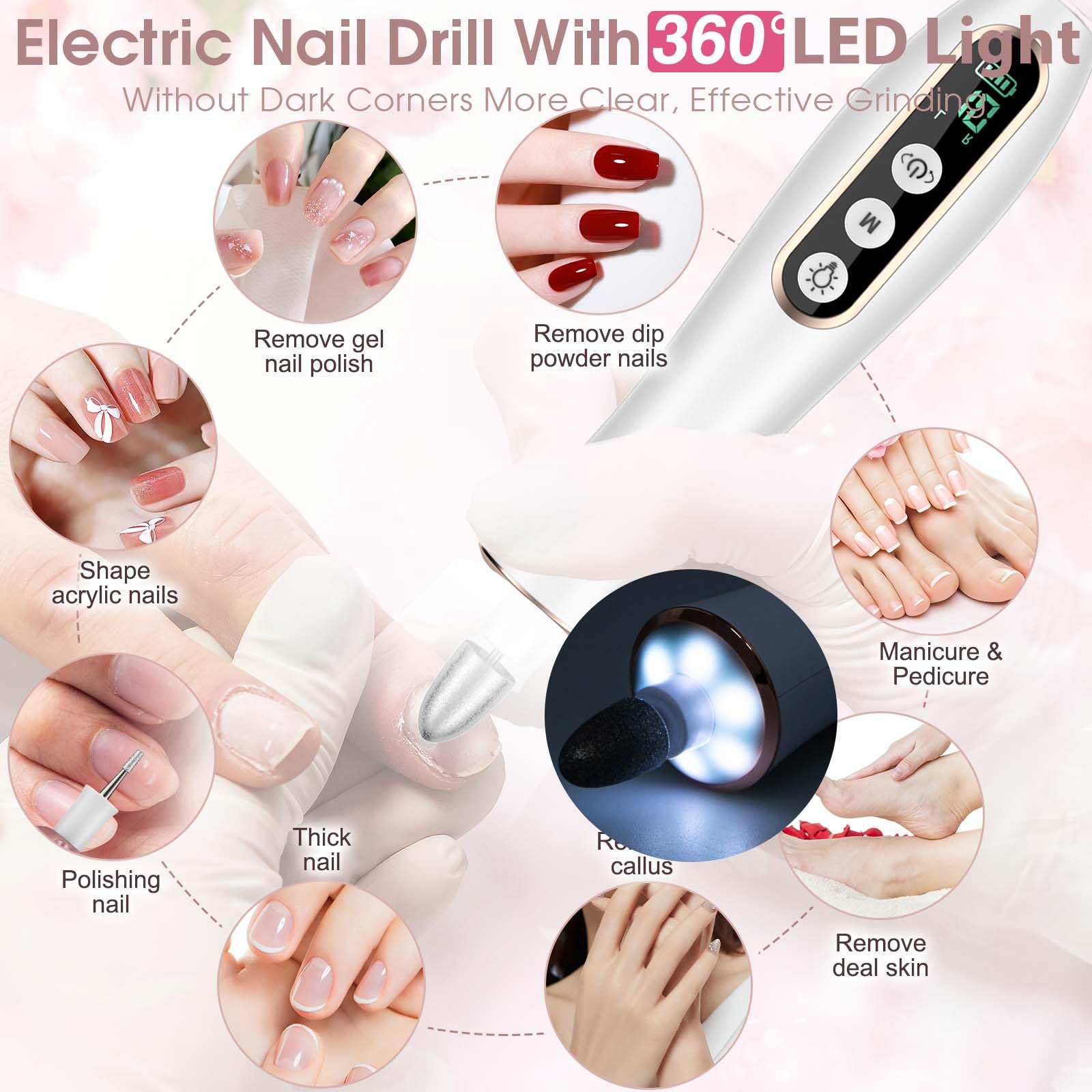Hoxida Professional Manicure Pedicure Kit - Cordless Electric Nail Drill with 10 Speeds & 360? LED Light for Thick Nails, Hand & Foot Care