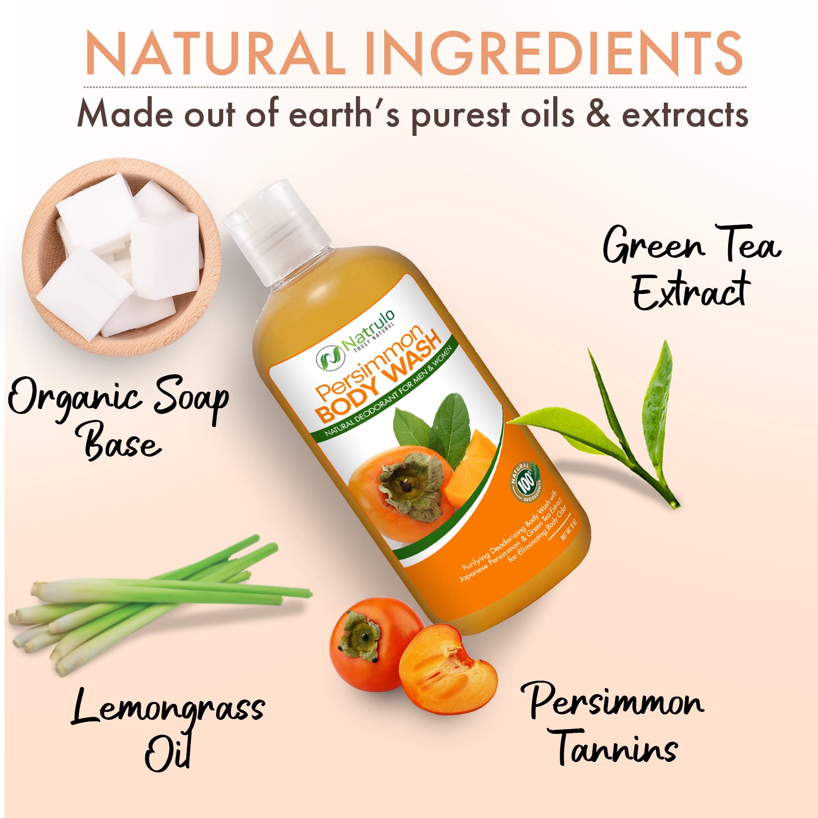 Persimmon Body Wash For Body Odor Control - Purifying Deodorizing Soap For Eliminating Nonenal Body Odor - Underarms, Intimate I