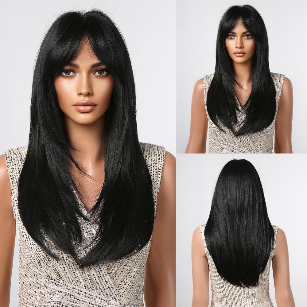 testar Black Wigs For Black Women Long Straight Layered Black Wigs With Curtain Bangs Synthetic Heat Resistant Wig Natural Looki