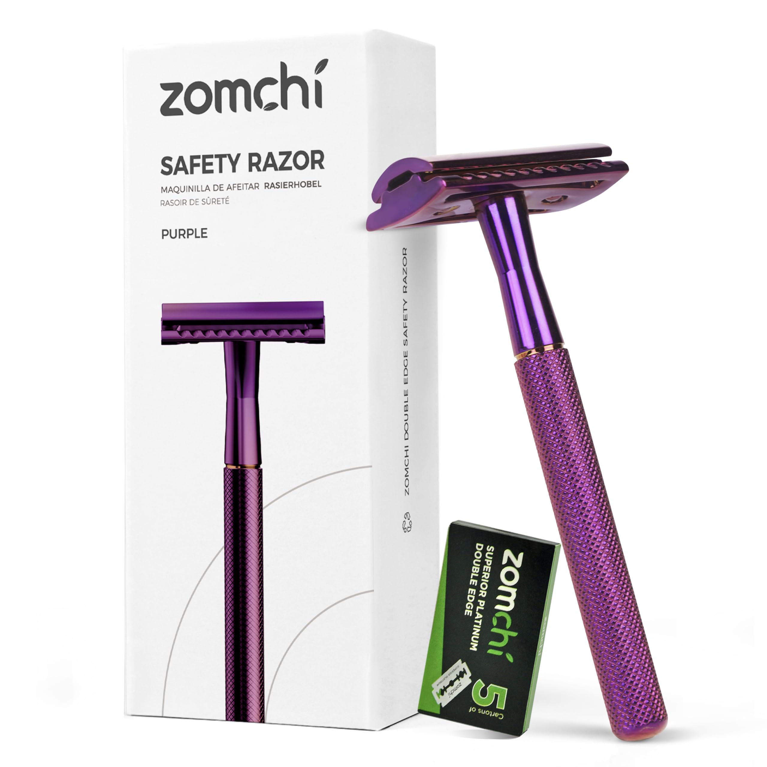 ZOMCHI Double Edge Safety Razor with 5 Safety Razor Blades, Women & Mens Safety Shaving Razor, Reusable Razor, Plastic Free - Pu