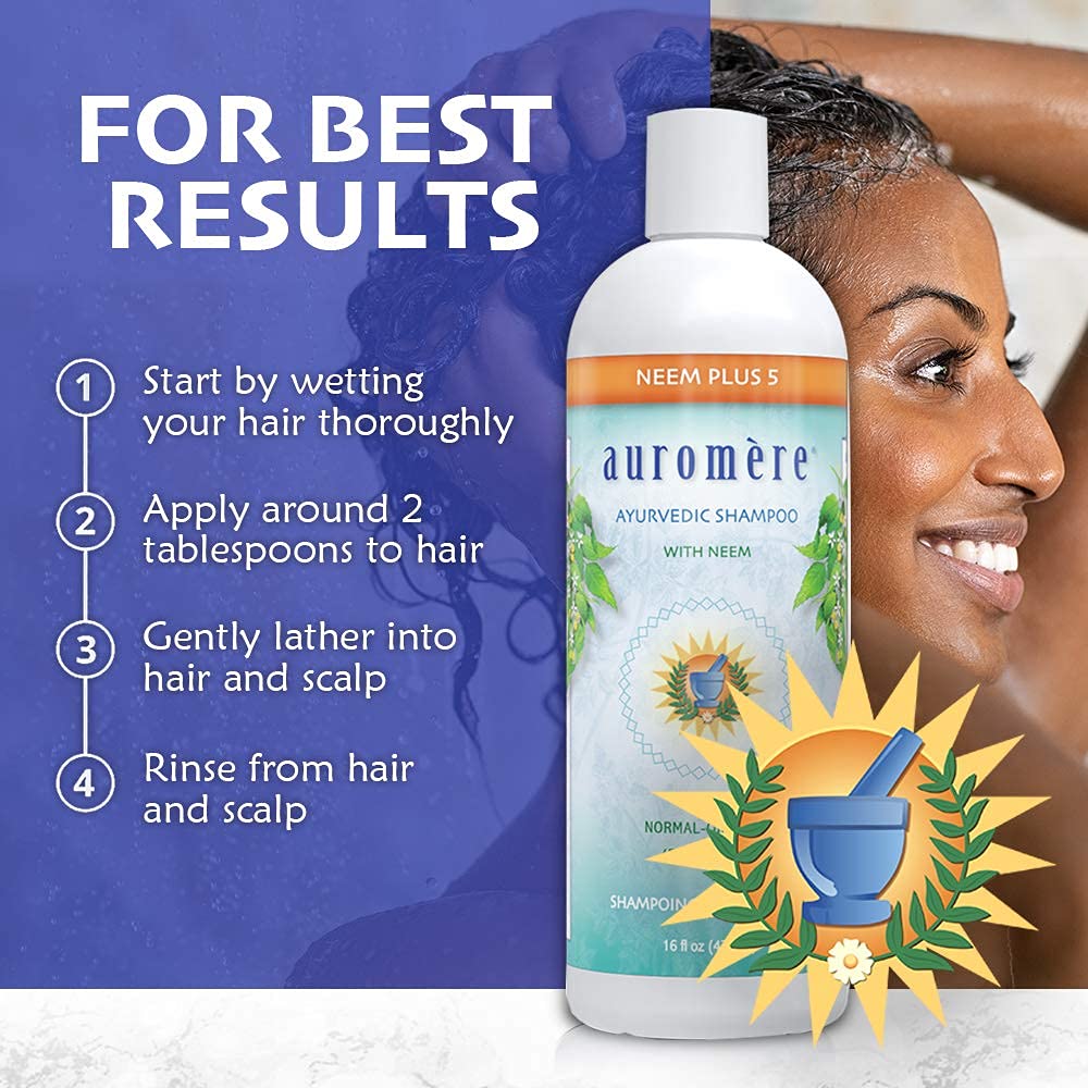 Auromere Ayurvedic Shampoo, Neem + 5 - Vegan, Cruelty Free, Non-Gmo, Natural, Gluten Free, Sulfate Free, Paraben Free For Normal