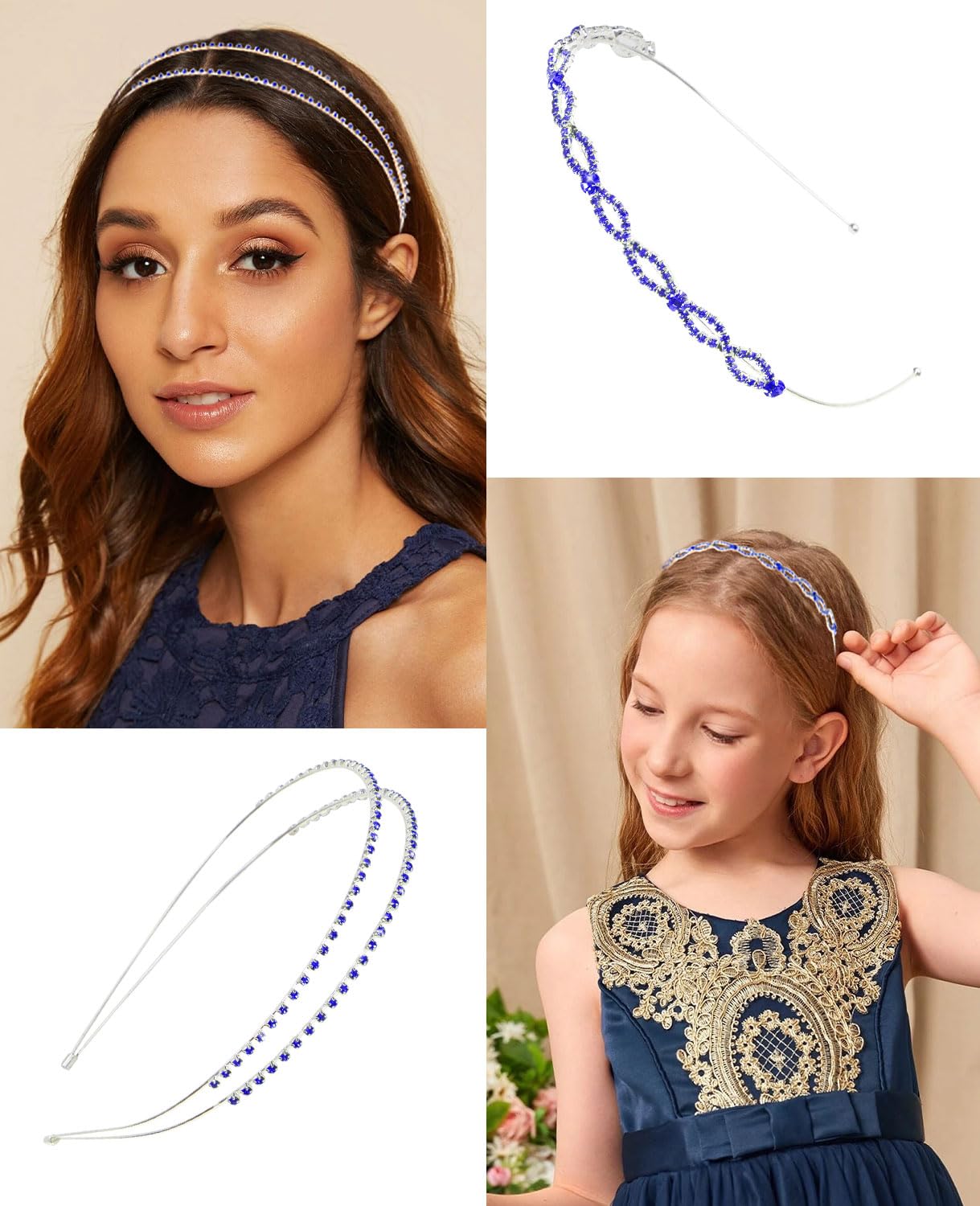 Wecoe Royal Blue Rhinestone Headband Flower Girl Wedding Headpiece Crystal Metal Headbands For Women Fashion Hairband Gifts 4 Pa