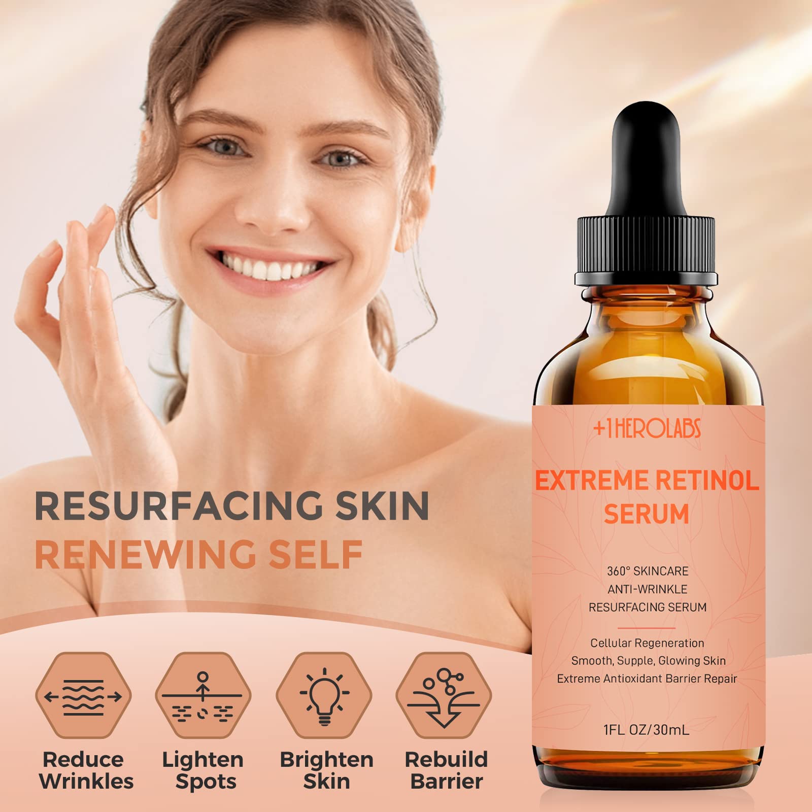 +1HEROLABS Retinol Serum 2.5% with Vitamin C & E, B5, Hyaluronic Acid - Anti-Aging, Dark Spot Corrector, 1 Fl Oz, Orange