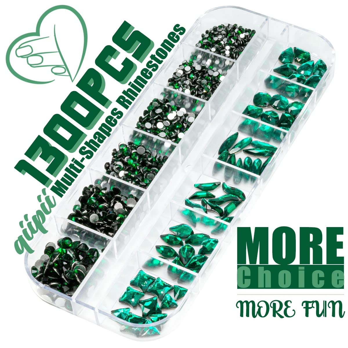 Qiipii Green Nail Rhinestones Multi Shapes Emerald Green Rhinestones For Nails Flatback Nail Big Gems K9 Glass Round Beads Stone