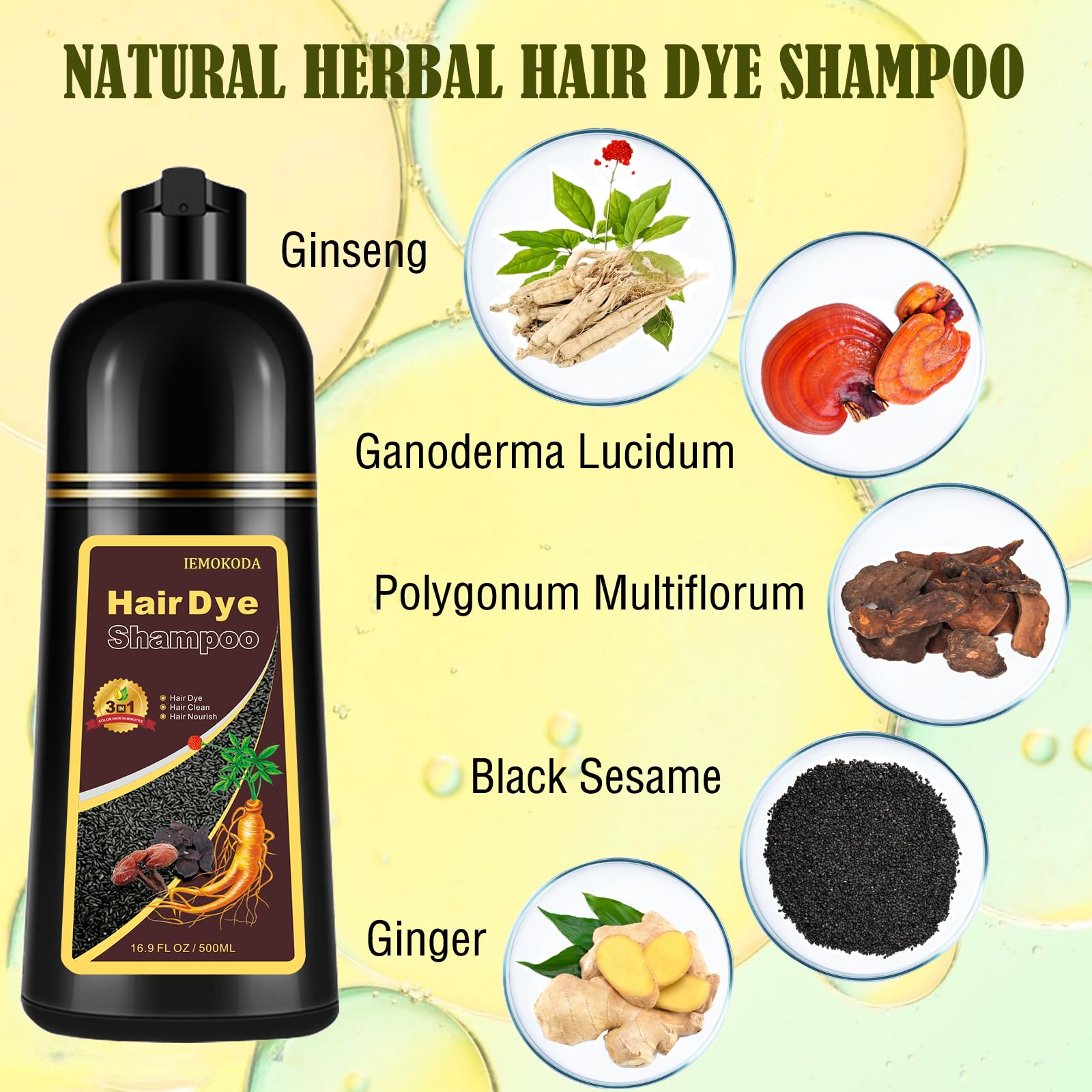 Instant Herbal Brown Hair Shampoo - 3 In 1 Long Lasting Hair Dye For Women & Men, Easy To Use 16.90 Fl Oz (Brown)