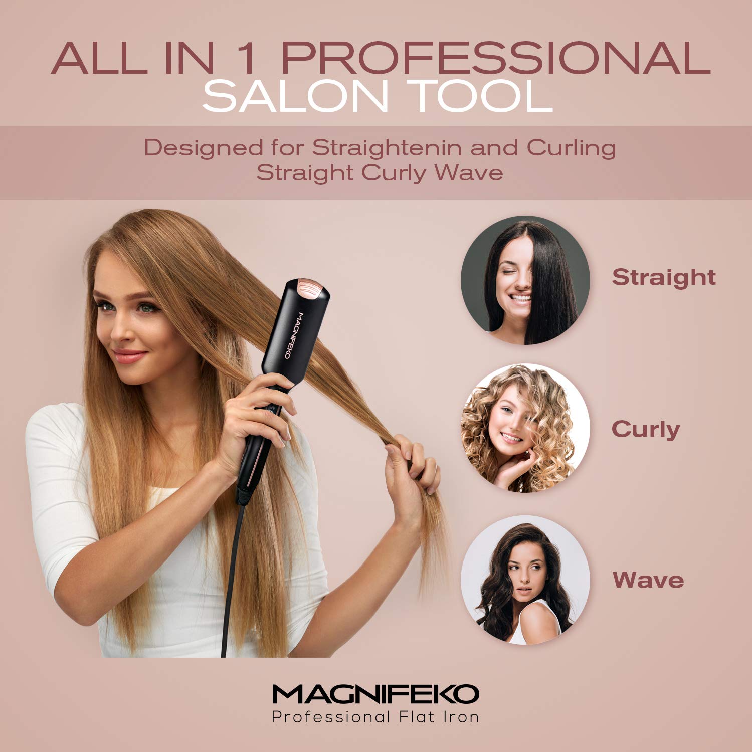 Magnifeko Professional Flat Iron Hair Straightener Wide Plate & Digital Display - Dual Voltage Titanium Hair Straighteners (Blac