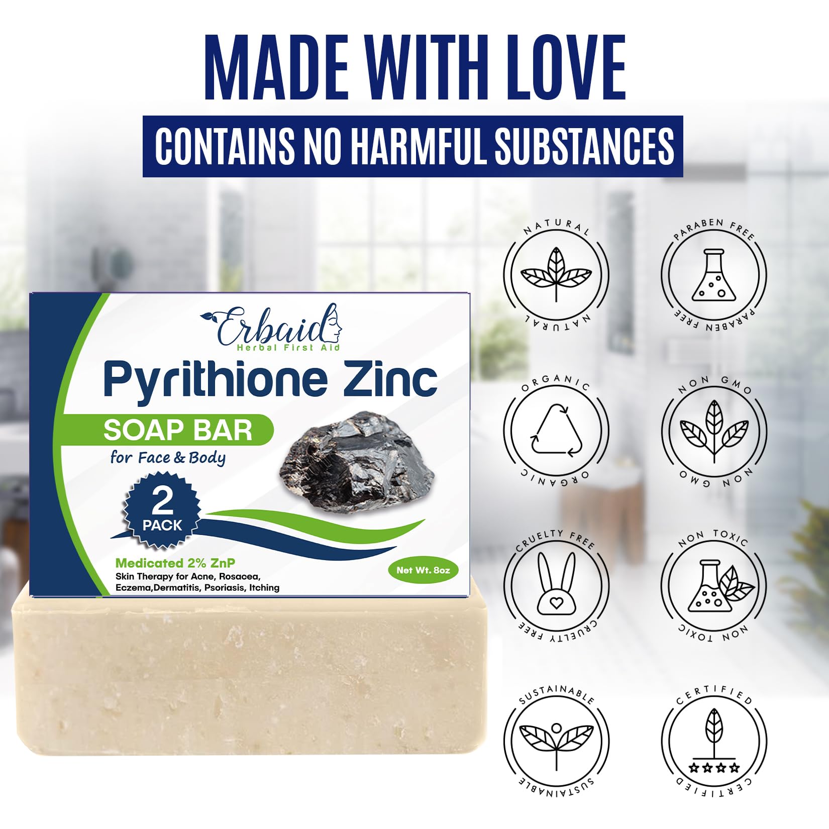 Pyrithione Zinc Soap Bar For Face & Body, 4Oz | Medicated 2% Znp Bar Soap Skin Therapy Cleanser For Acne, Rosacea, Eczema, Derma
