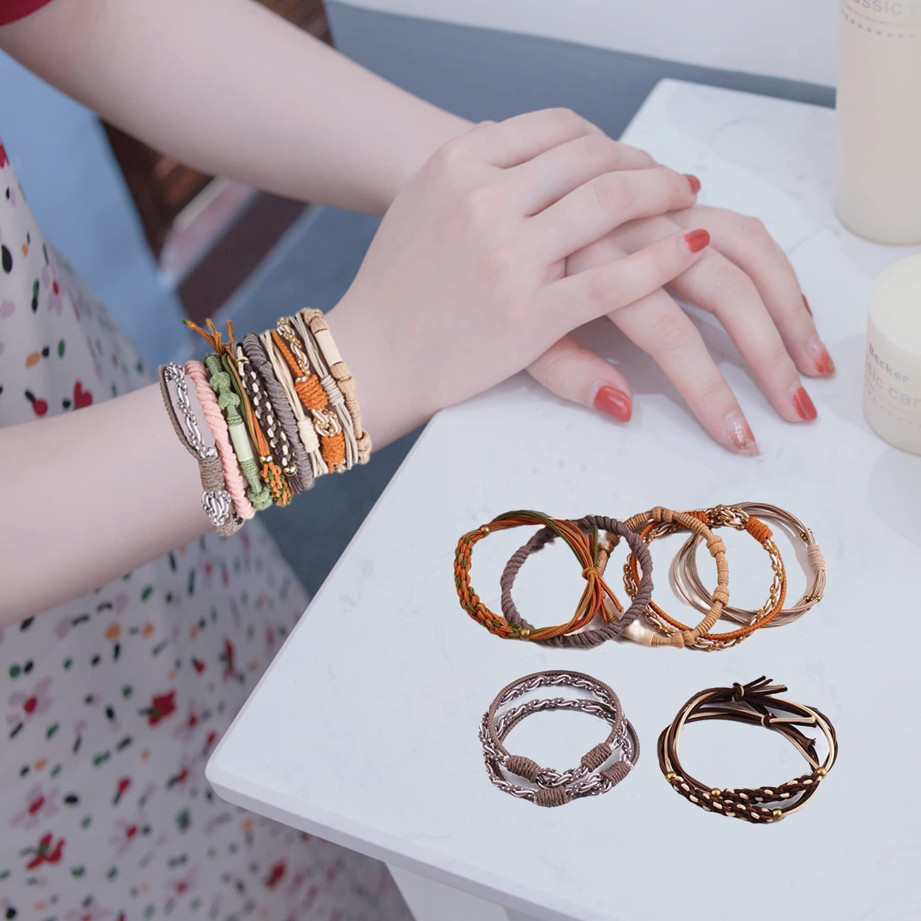 10Pcs Boho Hair Ties Bracelets For Women Girls Thick Hair Accessories Braided Hair Tie Bracelet Elastic Cute Hair Ties No Damage