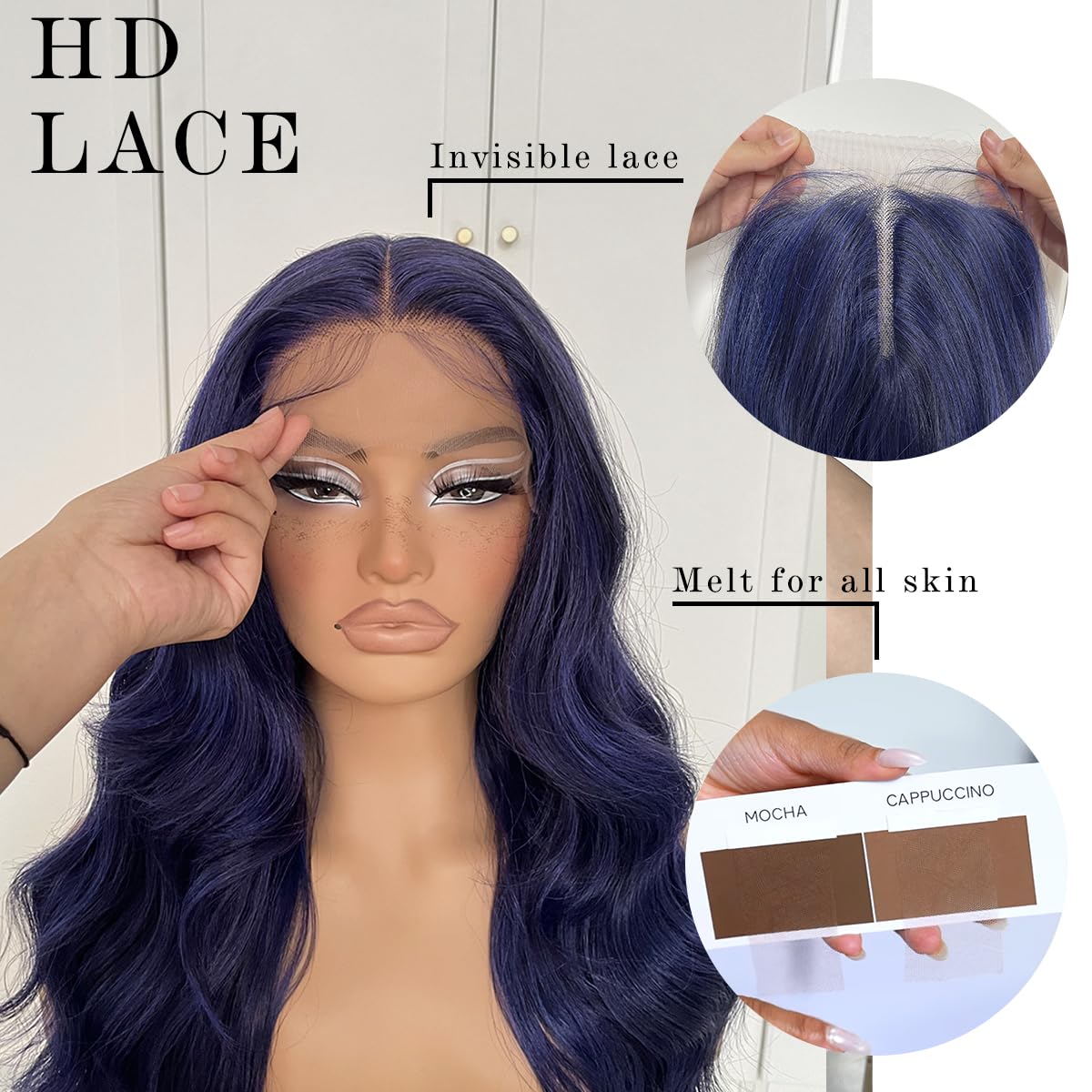 Mitimes Dark Blue Wigs Blue Lace Front Wig Pre Plucked Glueless Long Body Wave Lace Front Wig For Fashion Women Transparent Lace