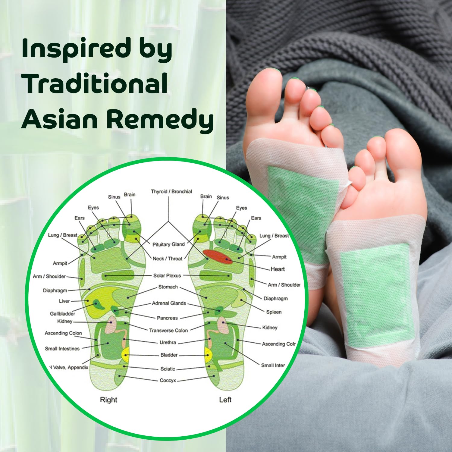 Bandoo Original Deep Cleansing Foot Pads - Premium Bamboo, Green, 10 Pads - Cleanse, Moisturize & Energize for Men & Women
