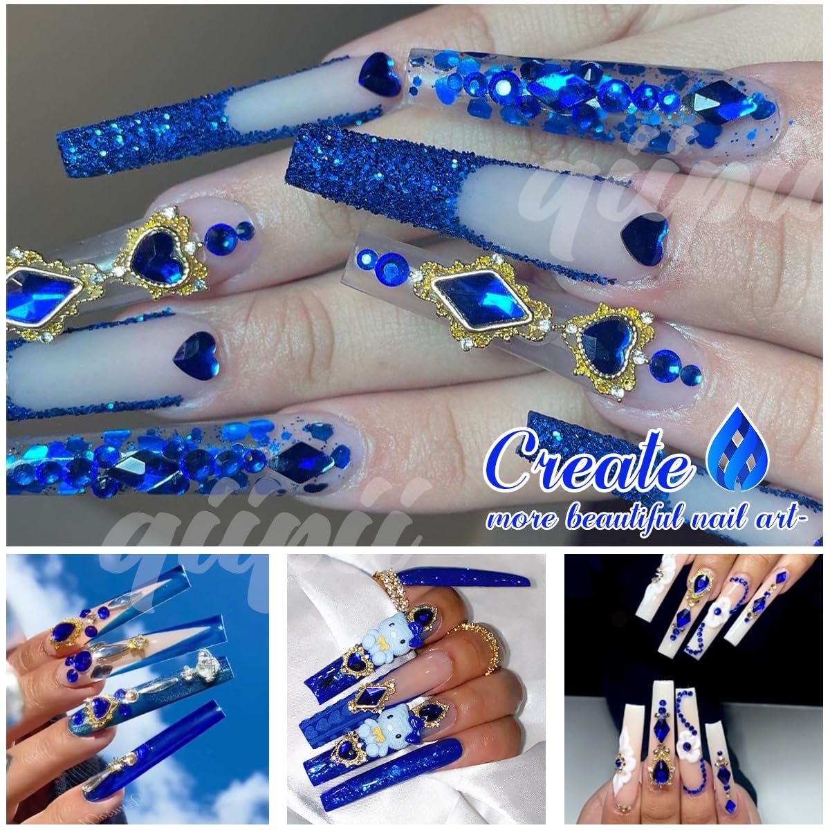 24Pcs Blue Luxury Nail Charms +2000Pcs Sapphire Rhinestones 3D Big Nail Gems K9 Glass Royal Blue Nail Crystals Diamonds Jewelry