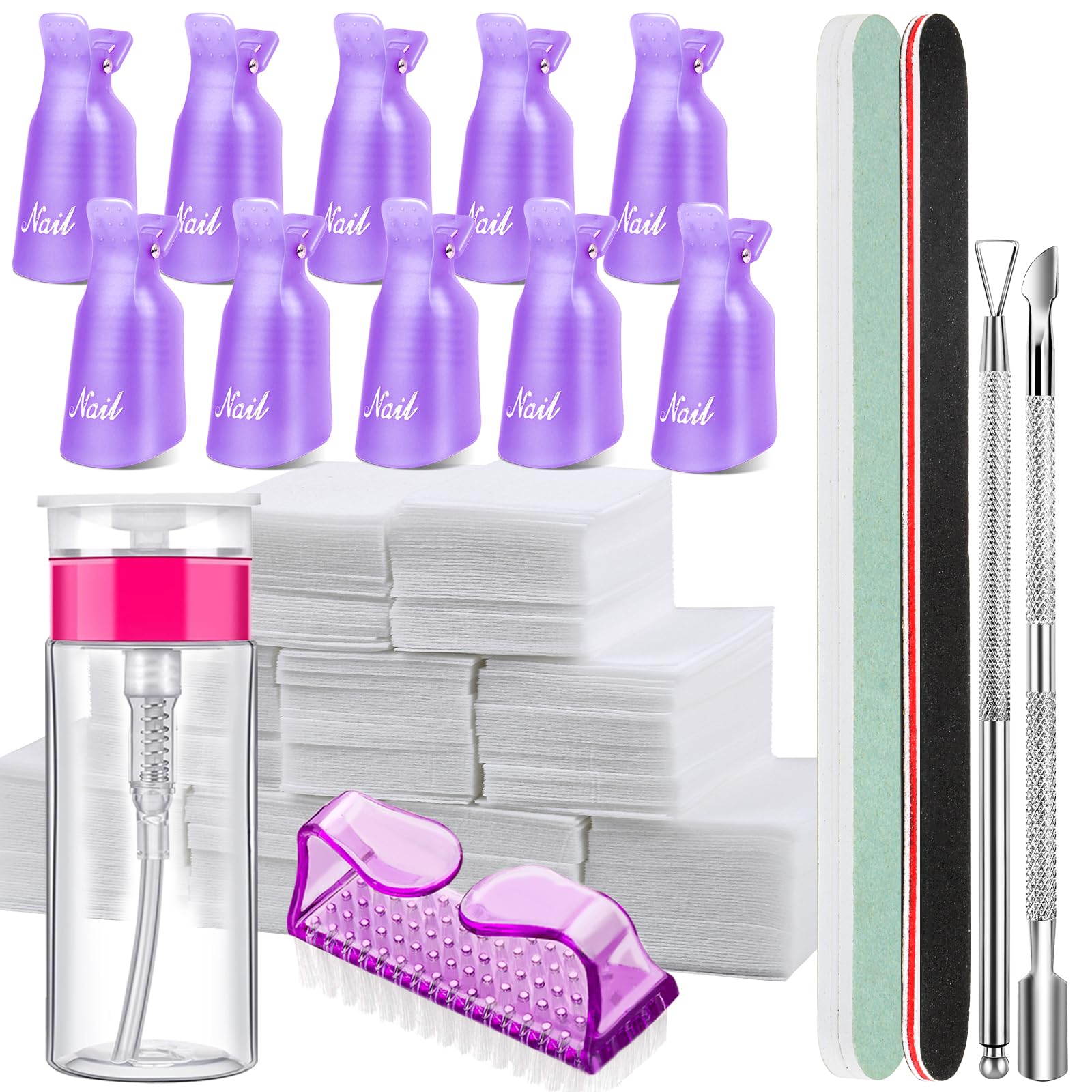 FANDAMEI Nail Polish Gel Remover Tools Kit, 10 Pcs Purple Nail Clips, 100ml Nail Polish Remover Bottle, 500 Pcs Remover Cotton P