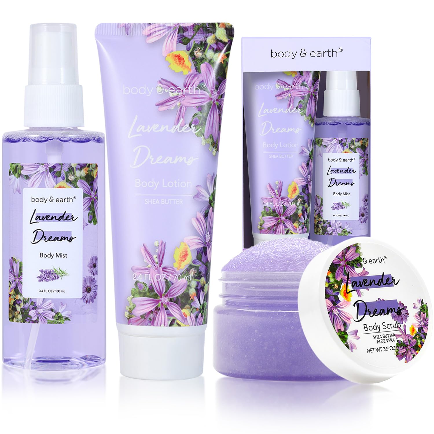 BODY & EARTH Body Mist Gift Set - Spa Gifts for Women, Perfume, Body Lotion, and Body Scrub in a Lavender Dreams Box- Perfect Bi