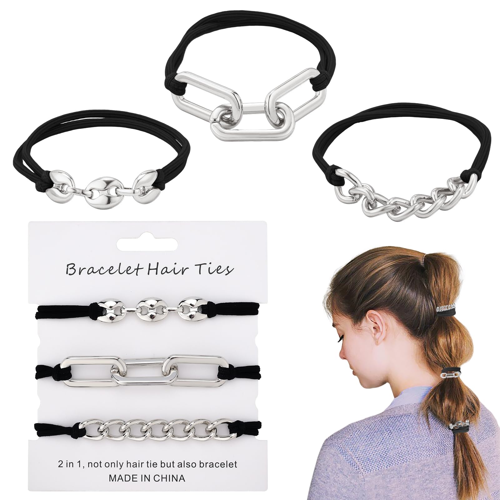 Bracelet Hair Ties Black Hair Tie Bracelets For Women 3 PCS Hair Ties For Thick Hair With Gold Silvery and Beige Elastic Looks C