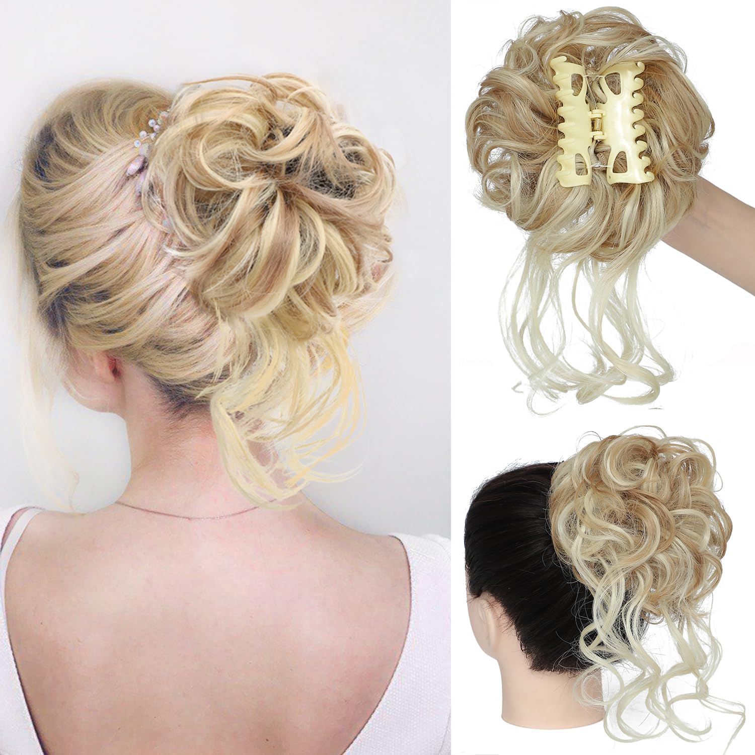 MSMUSAS Messy Bun Hair Piece Claw Clip Curly Wavy Faux Hair Bun Tousled Updo Hair Extensions Scrunchie Long Beard Chignon Buns H