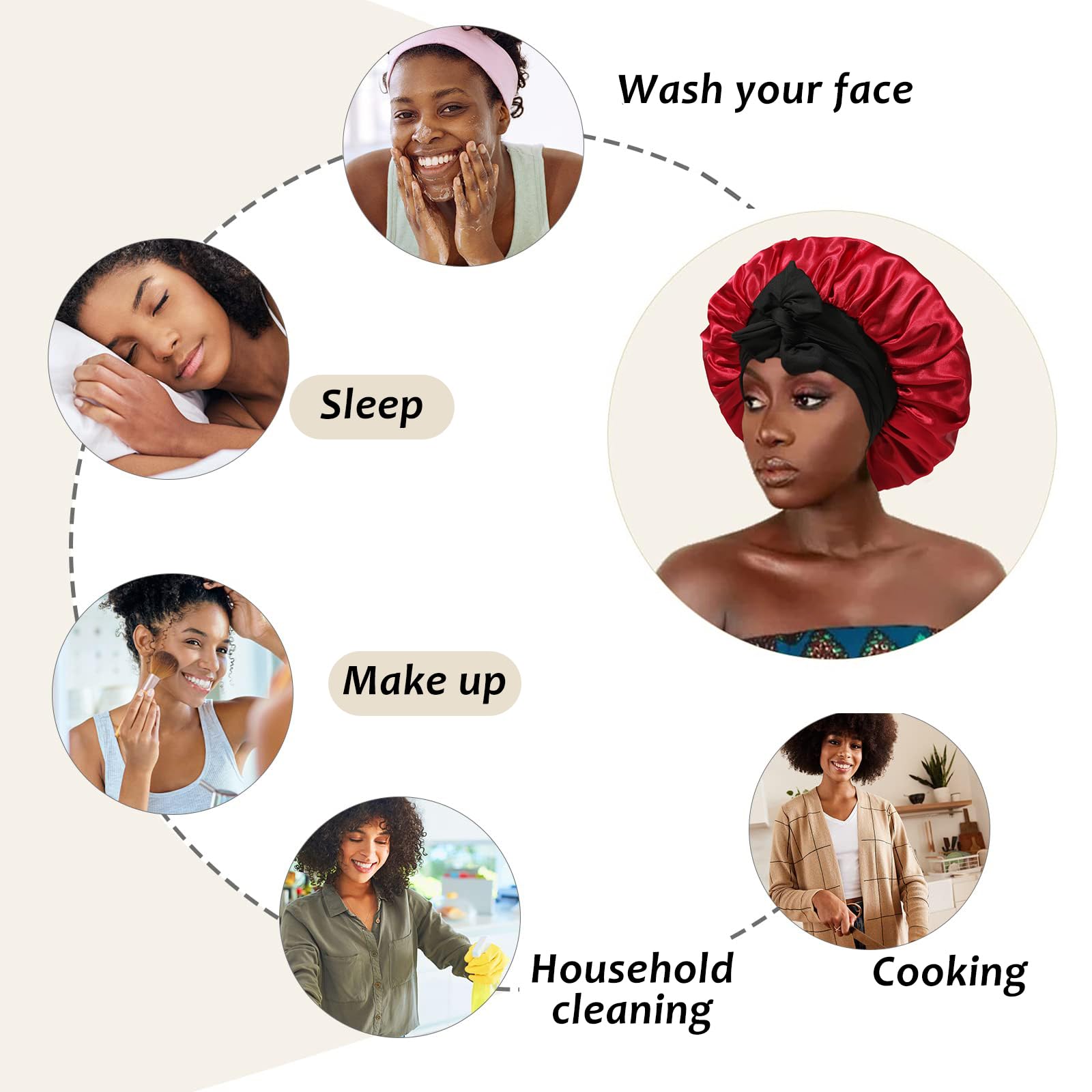Reversible Satin Bonnet For Women With 3Pcs Hair Scrunchies Tie Band Hair Bonnet For Sleeping Large 2 Layered Silk Sleeping Cap