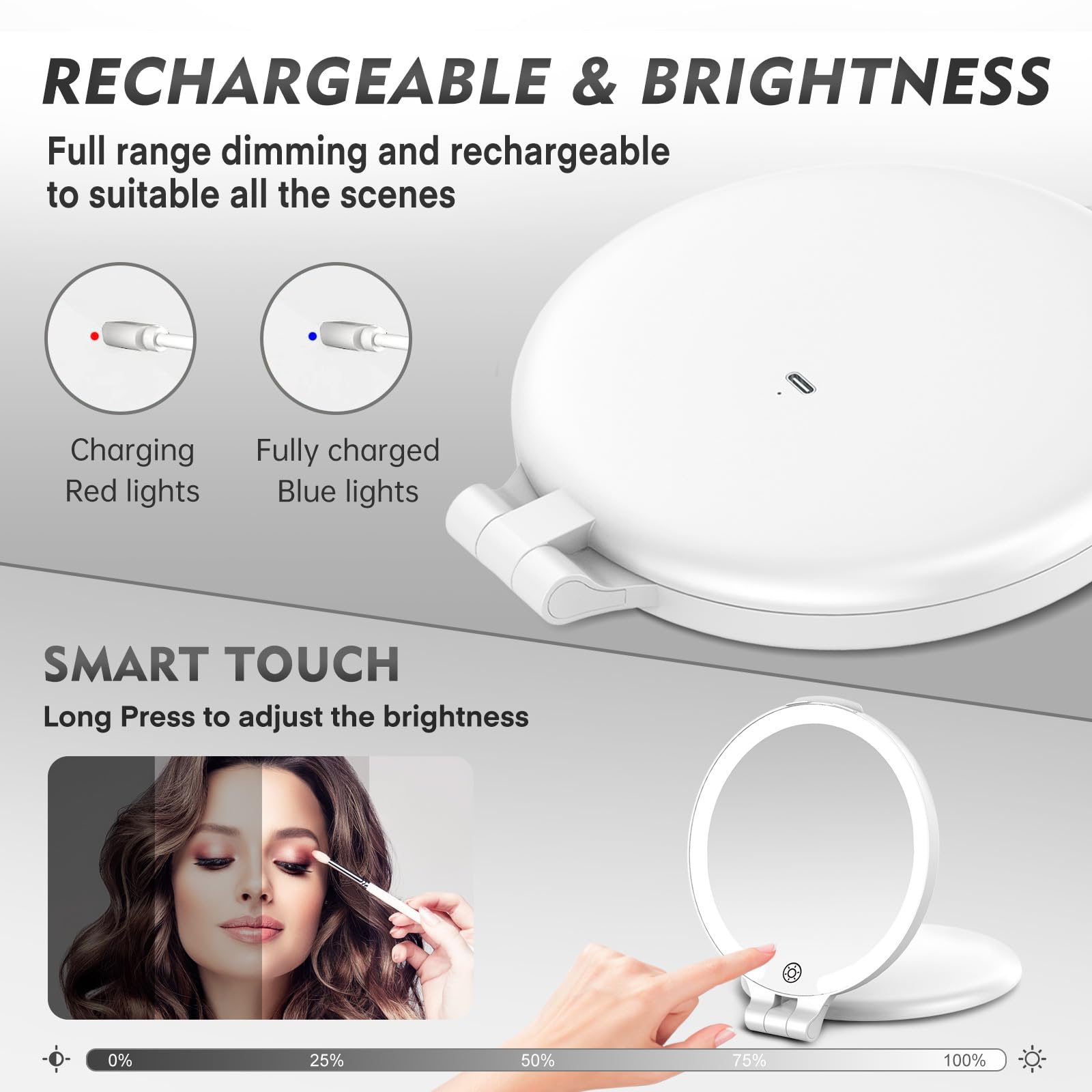 Funtouch 7'' Travel Magnifying Mirror With Lights, Rechargeable Portable 1X/10X Makeup Mirror For Travel Essential, For Women