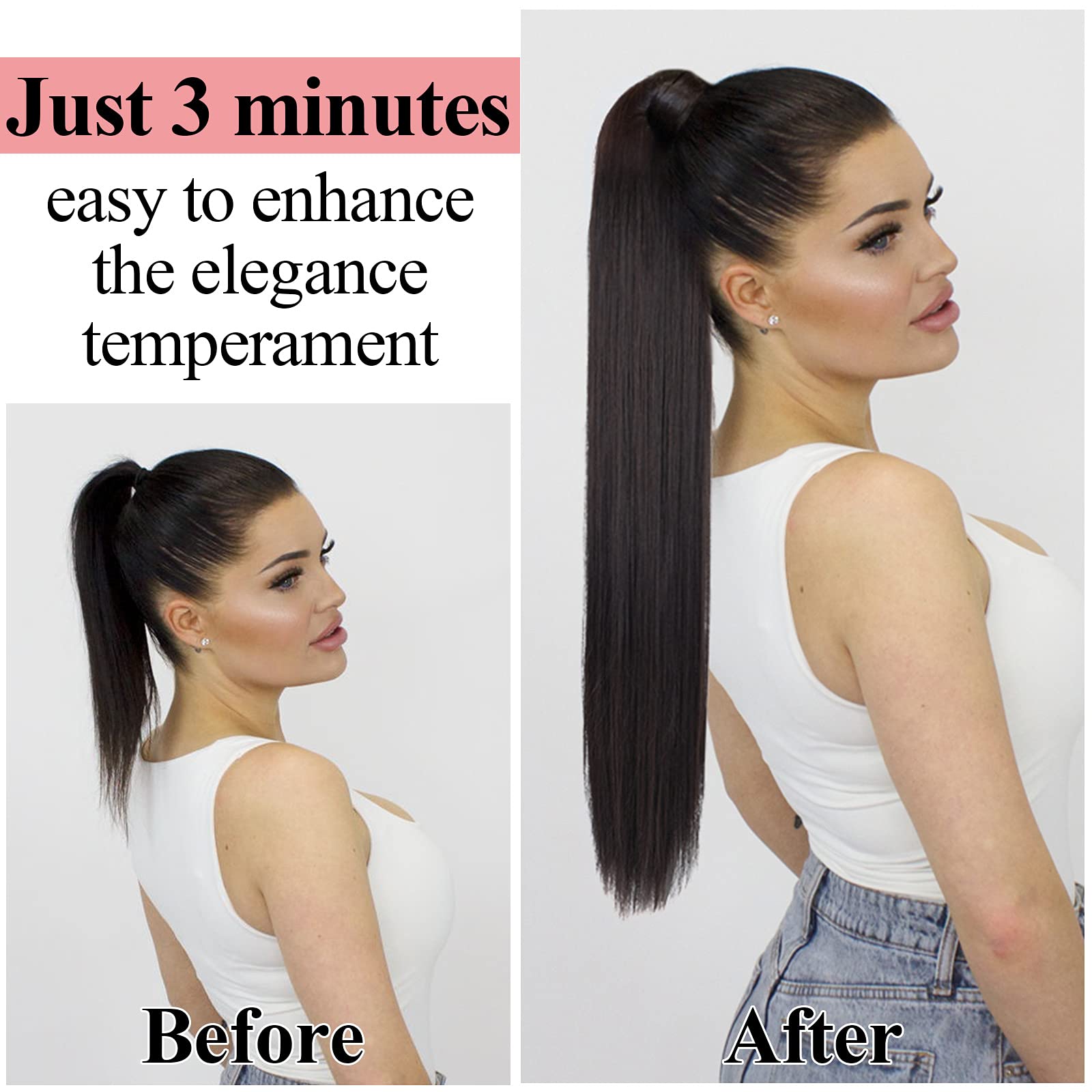 Fashion Icon Dark Brown Ponytail Extensions Straight Drawstring Ponytail Extension Long 24Inch Straight Clip In Hair Extensions
