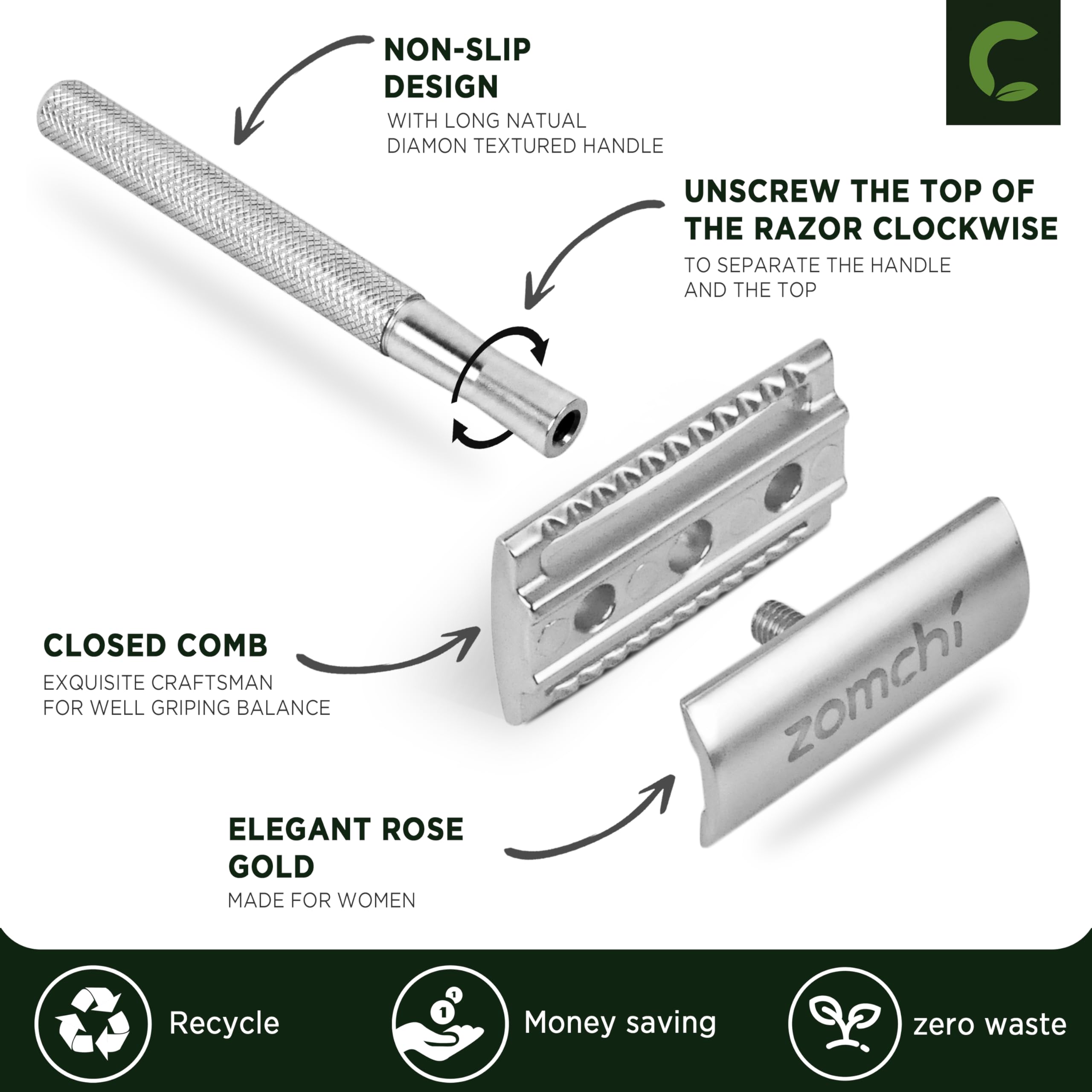 Zomchi De Safety Razor With 10 Safety Razor Blades, Reusable Metal Razor For Men & Women With Razor Stand, Plastic Free Razors -