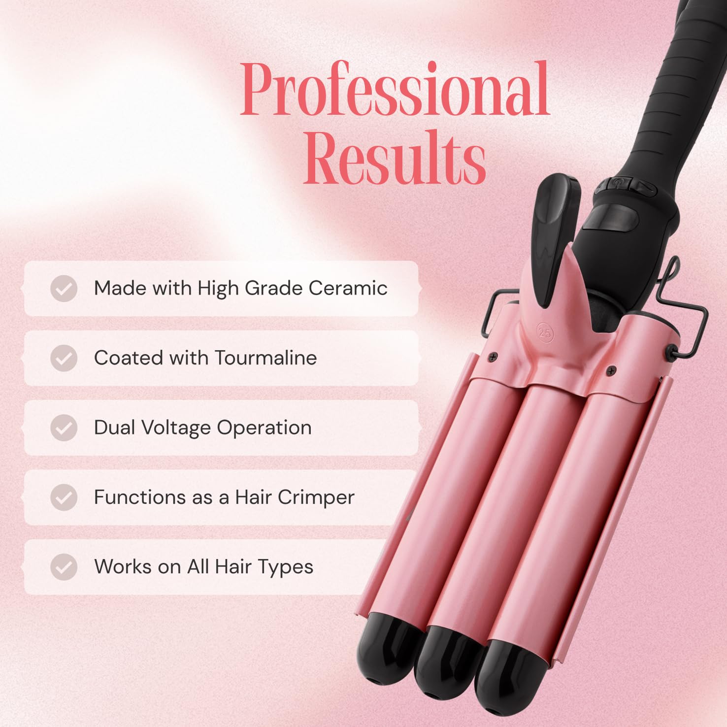 Alure Three Barrel Hair Waver/Crimper With Lcd Temperature Display In Celsius - 1 Inch Ceramic Tourmaline Triple Barrels, Dual V