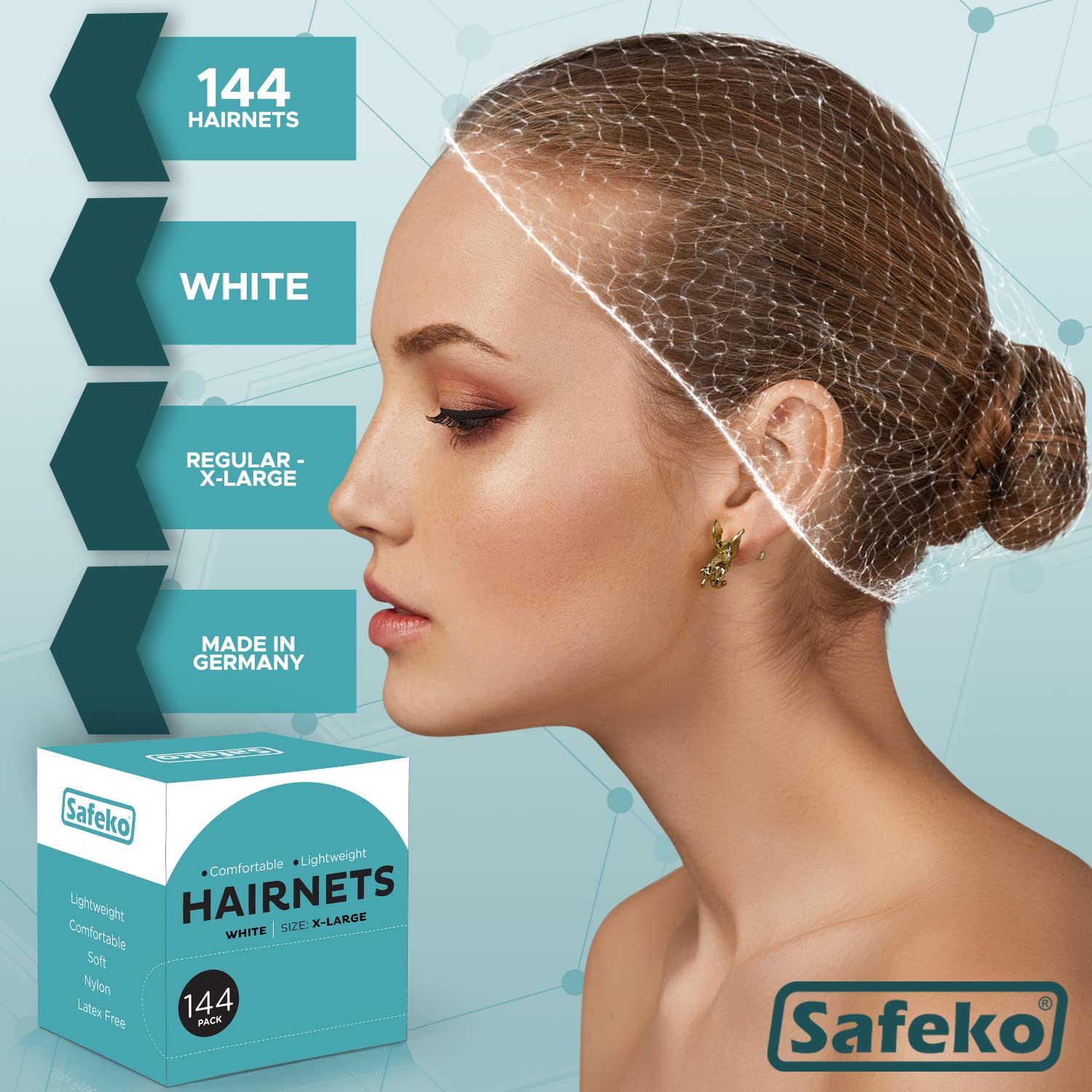 Safeko Hair Nets 144 Pcs, Individually Wrapped, Lightweight Nylon Hairnets, Latex-Free | White, Large (24'')