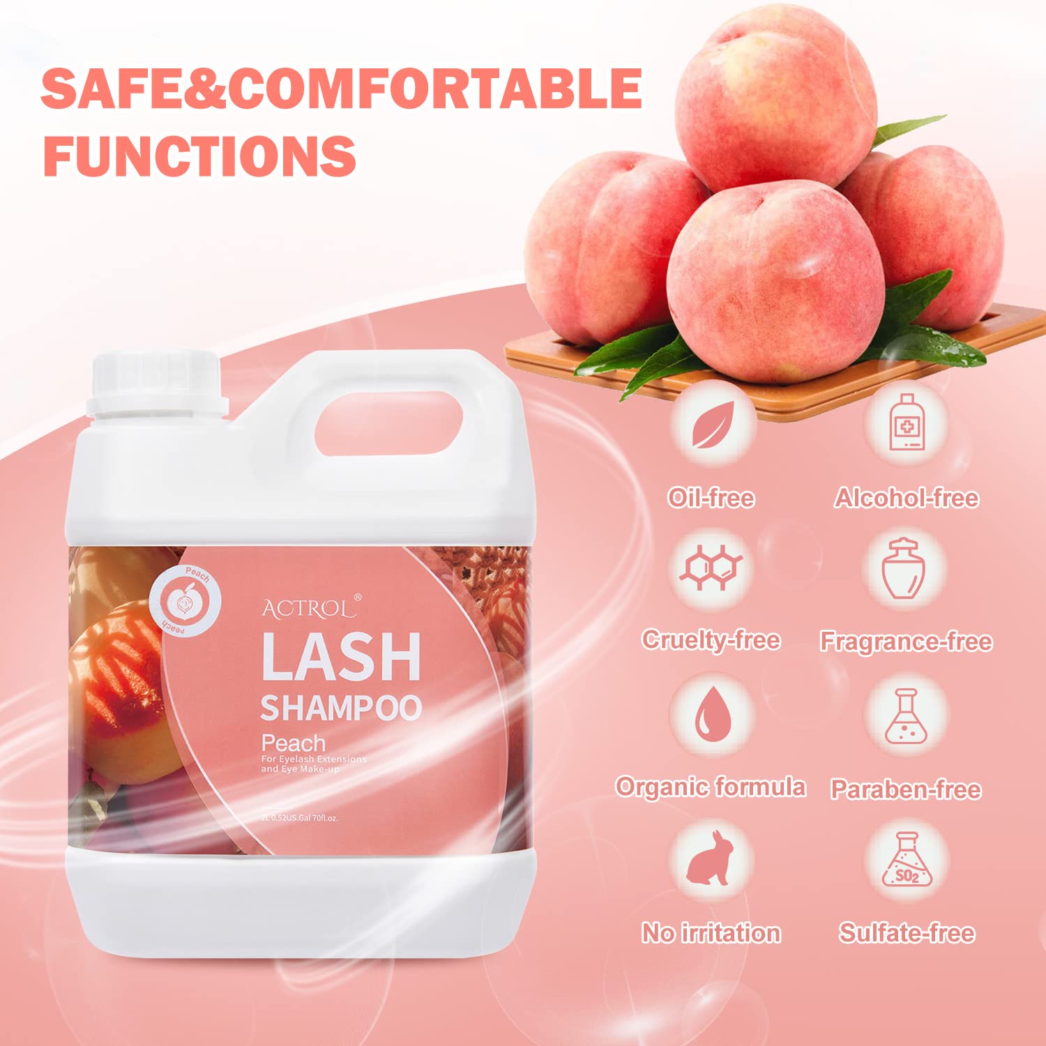 Actrol Eyelash Extension Cleanser Peach 2L Natural Lash Extension Shampoo Professional Eyelid Foaming Cleanser Paraben & Sulfate
