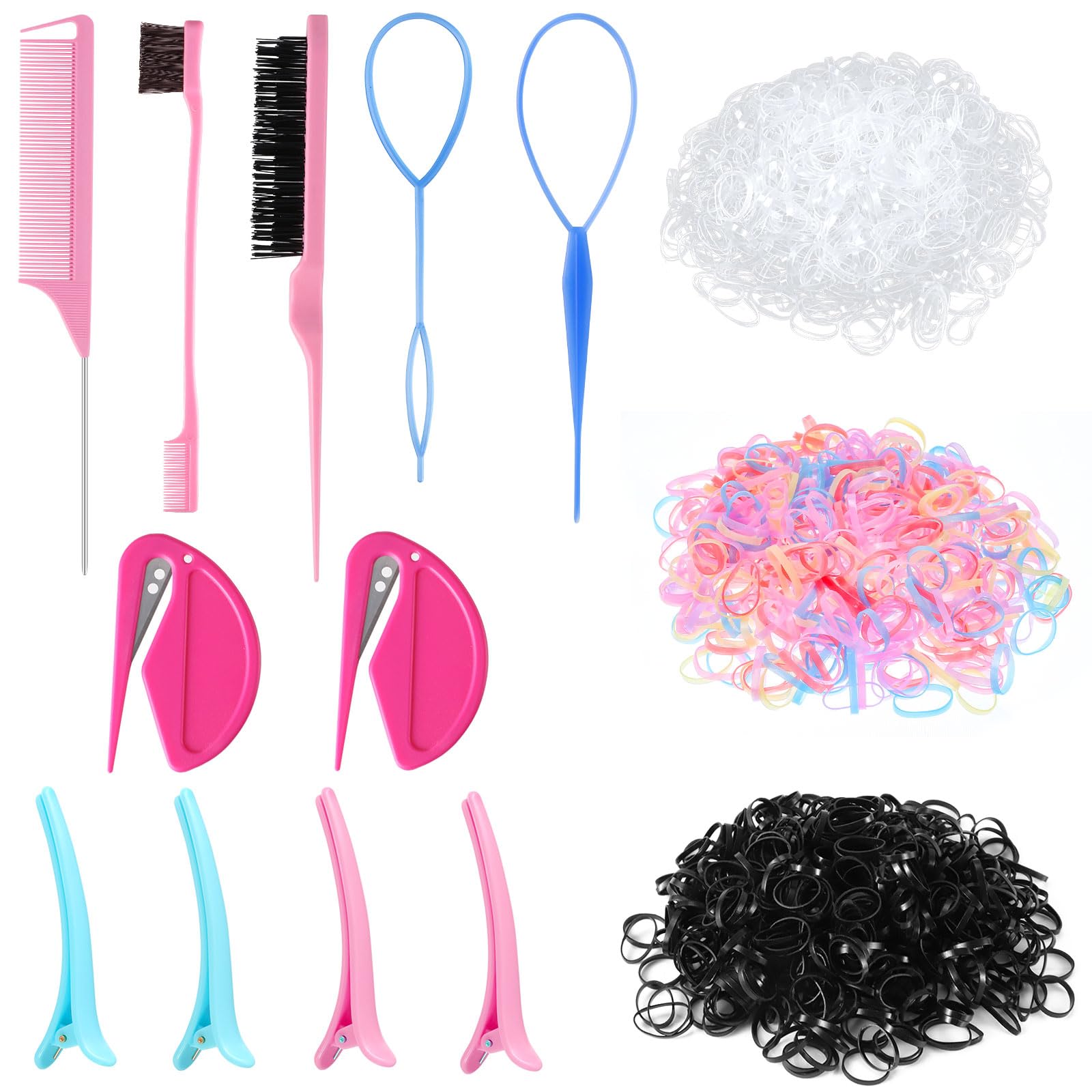 Colorful Mini Rubber Bands with Topsy Tail Styling Tools - Elastic Hair Ties, Hair Cutter, and Hair Accessories for Baby Girls a