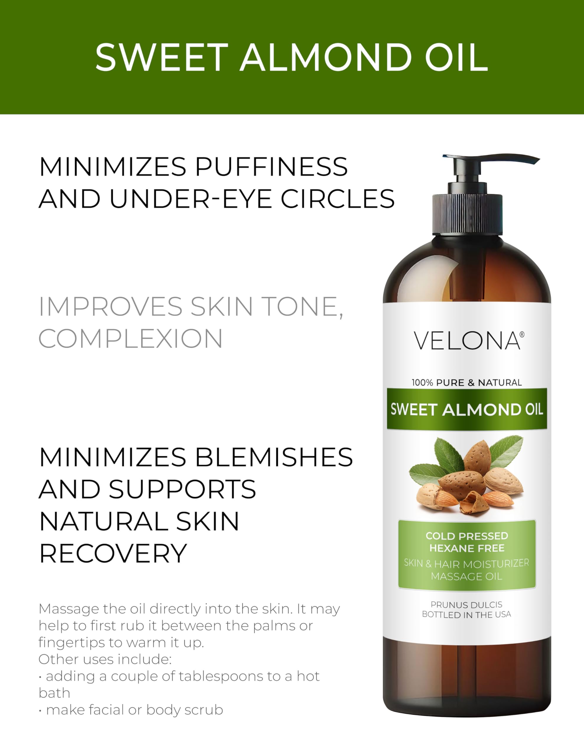 Velona Sweet Almond Oil - 16 Fl Oz | 100% Pure And Natural Carrier Oil |Cold Pressed | Skin, Hair, Body & Face Moisturizing | Us