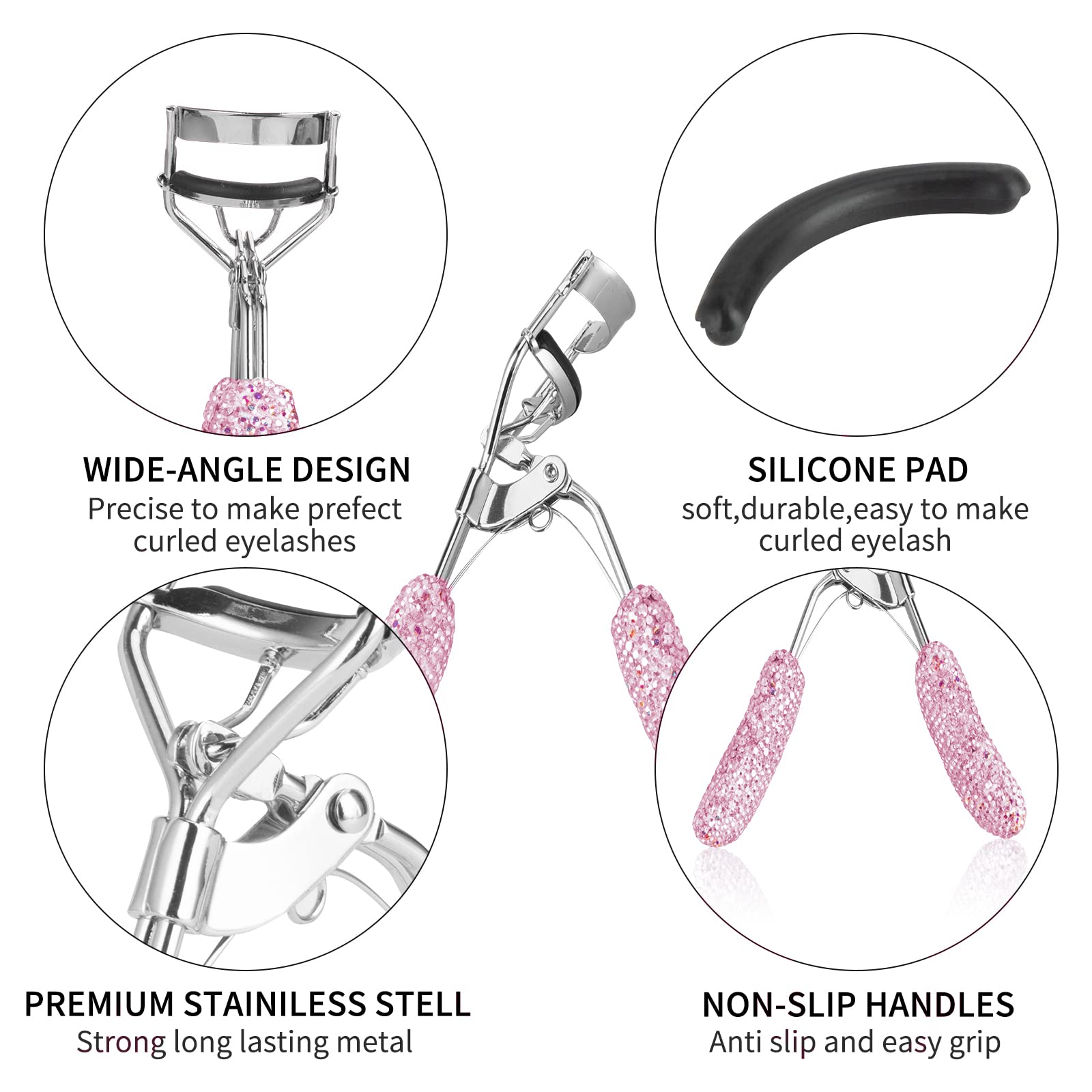 Bling Rhinestone Eyelash Curlers Stainless Steel Natural And Long Lasting Eyelash Fit For All Eye Shape Curved Lash Curler (Pink