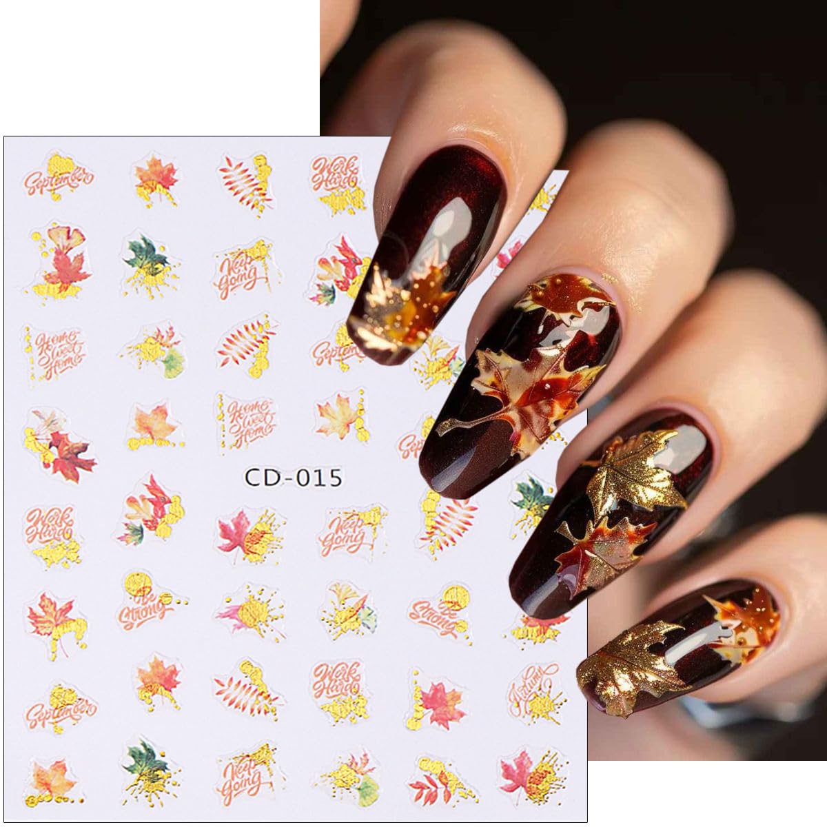 Fall Nail Art Stickers Decals Autumn Yellow Leaves Nail Decals Bronzing Thanksgiving Nail Stickers 3D Pinecone Maple Leaf Nail A