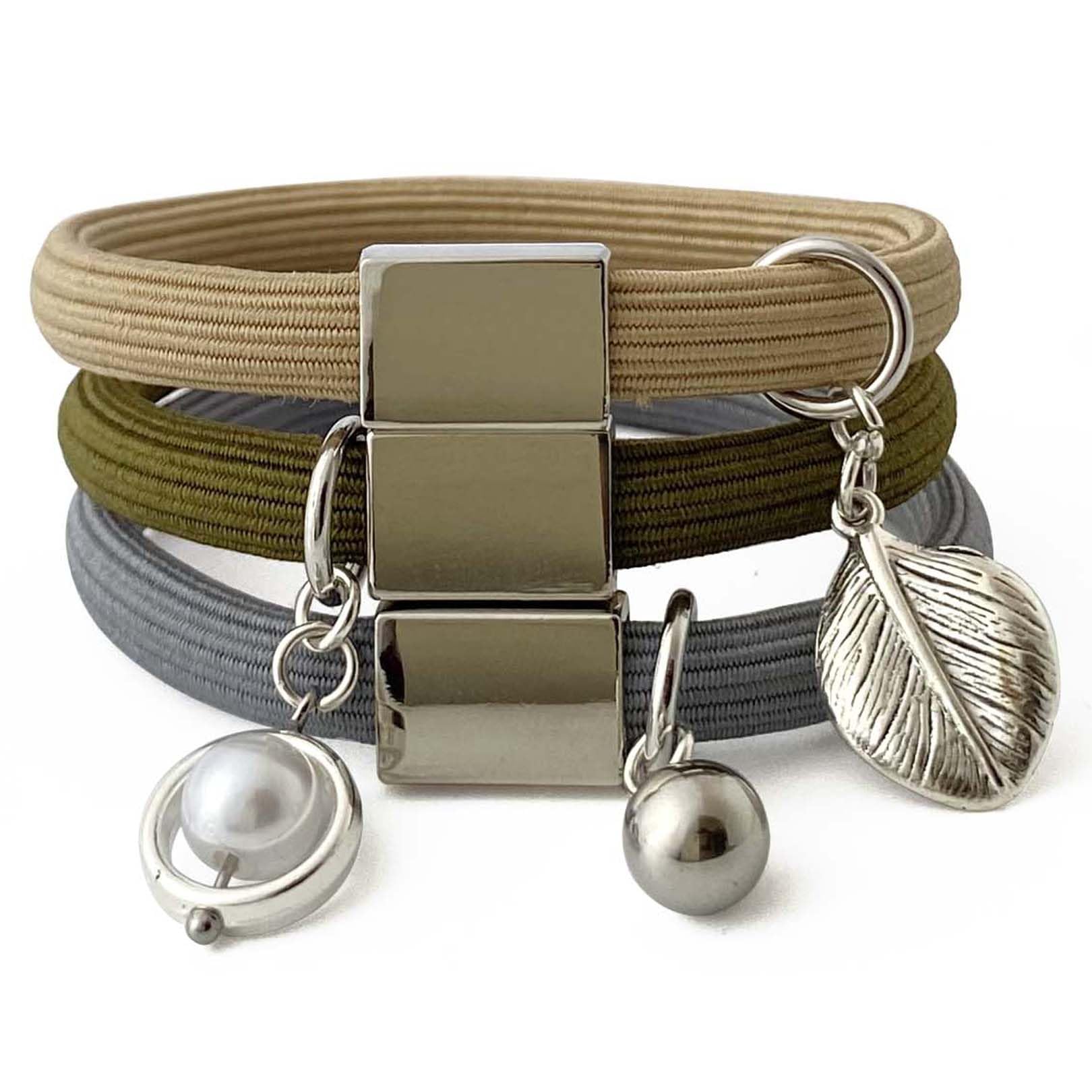 Hair Tie Bracelets With Silver Charm For Women - 8Mm Thick Elastic No-Damage Holders For Cute High Ponytails