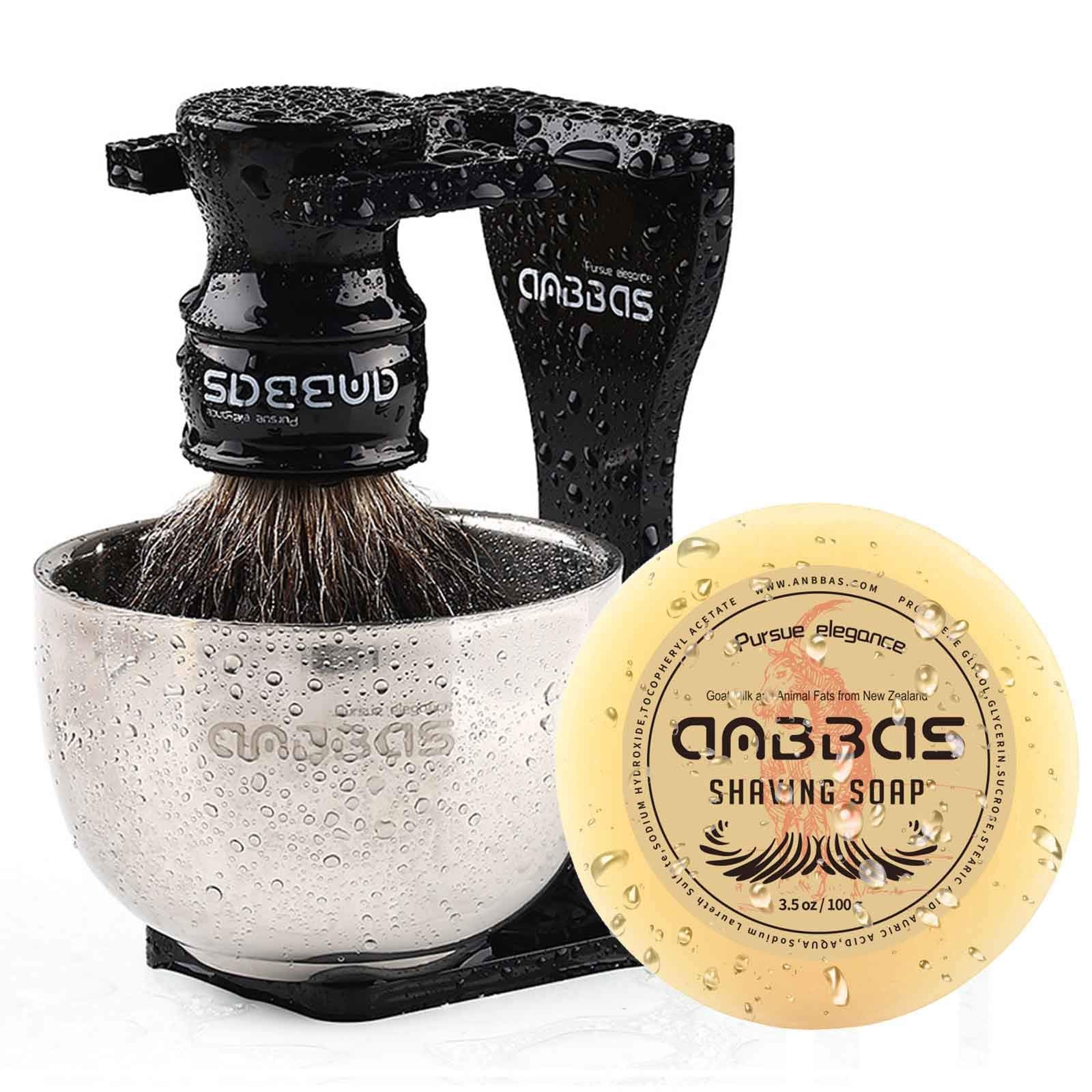 Shaving Set, 4In1 Anbbas Pure Black Badger Shaving Brush With Long Resin Handle And Acrylic Thicken Shaving Stand,Soap Bowl Stai