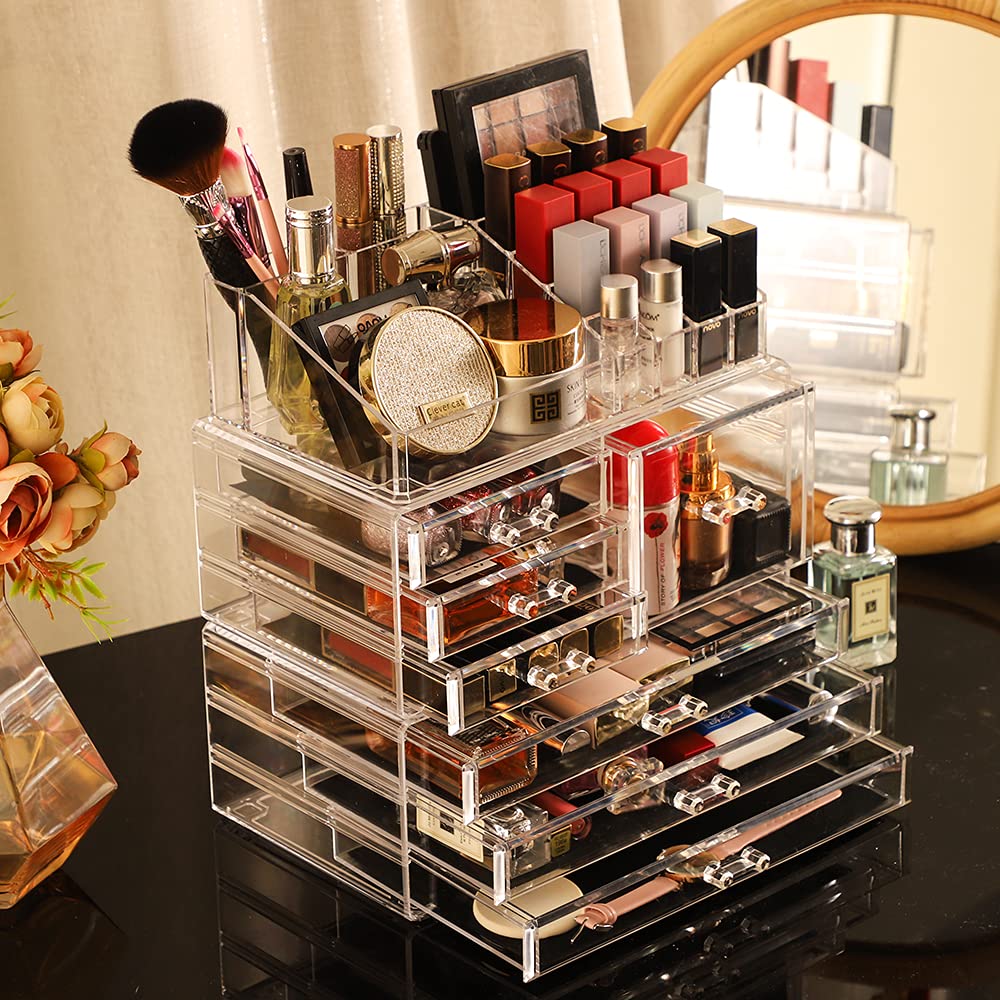 Cq Acrylic 3 Pack Clear Make Up Organizers For Vanity,Stackable 7 Drawers Make Up Organizer,Cute Desk Organizer For Vanity Jewel